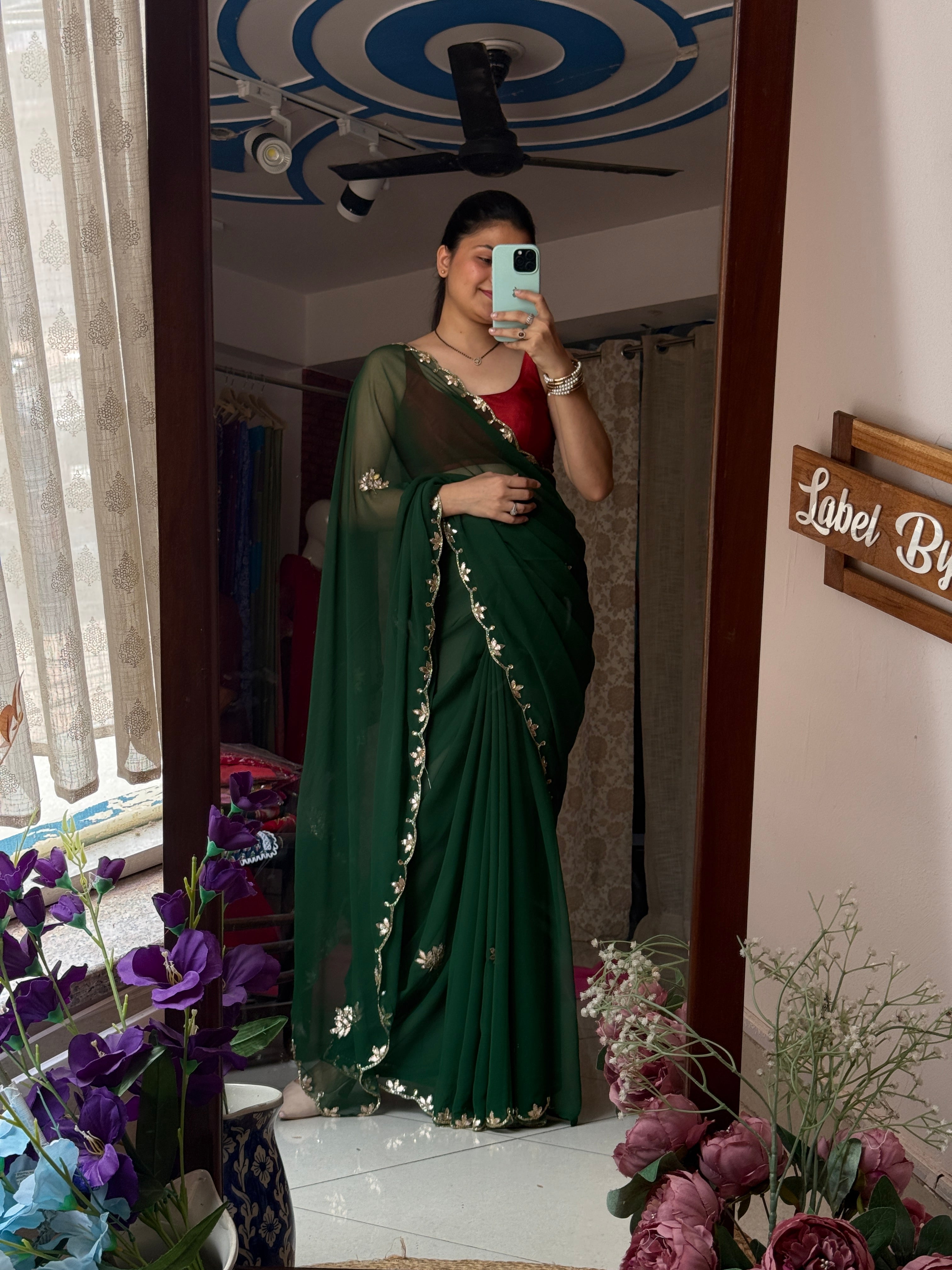Green Pure Georgette Saree| Handwork cutdana detailing| With blouse