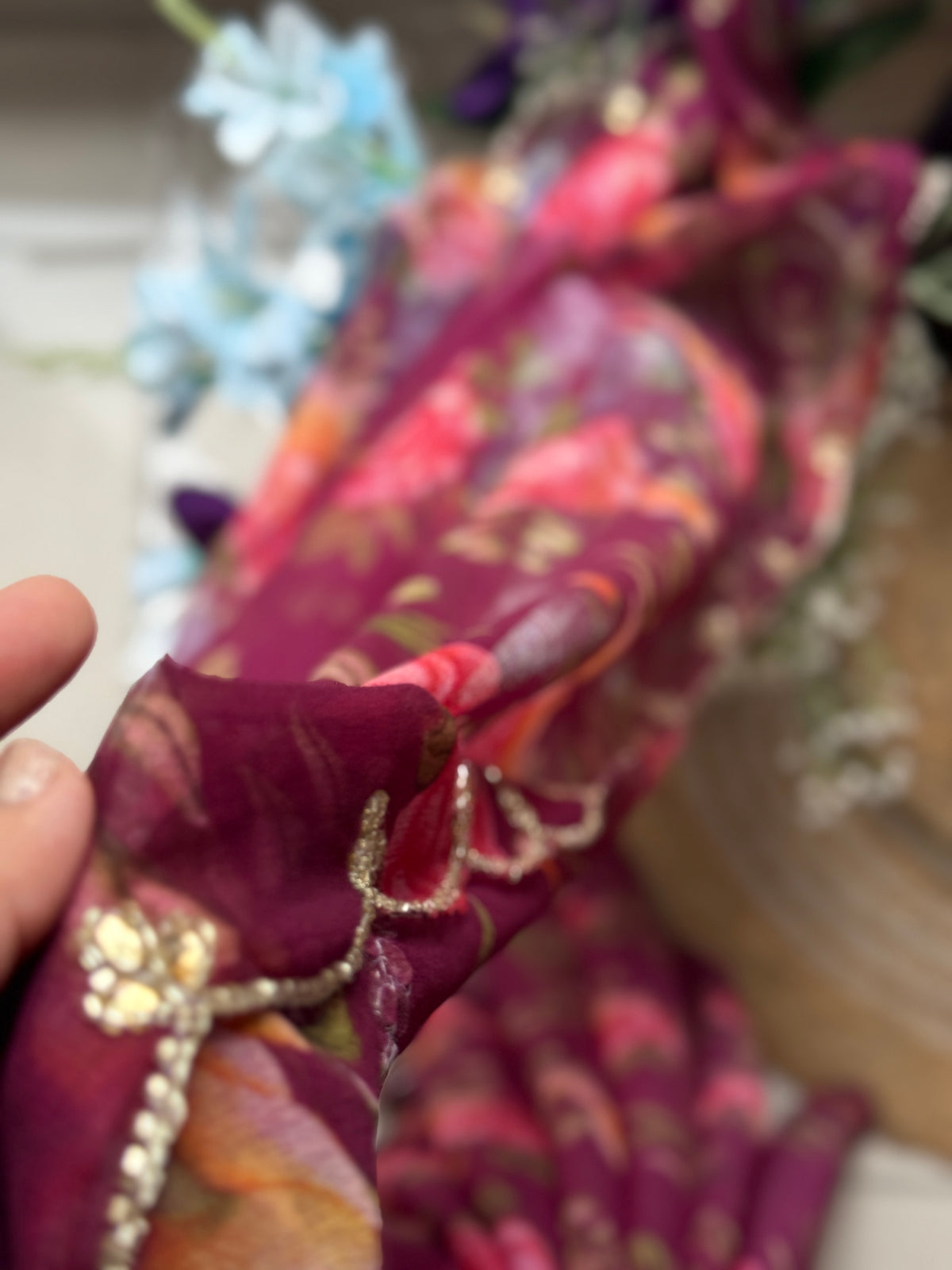 Wine Pure Georgette Handblock Digital Printed Saree| Handwork cutdana detailing| Without blouse