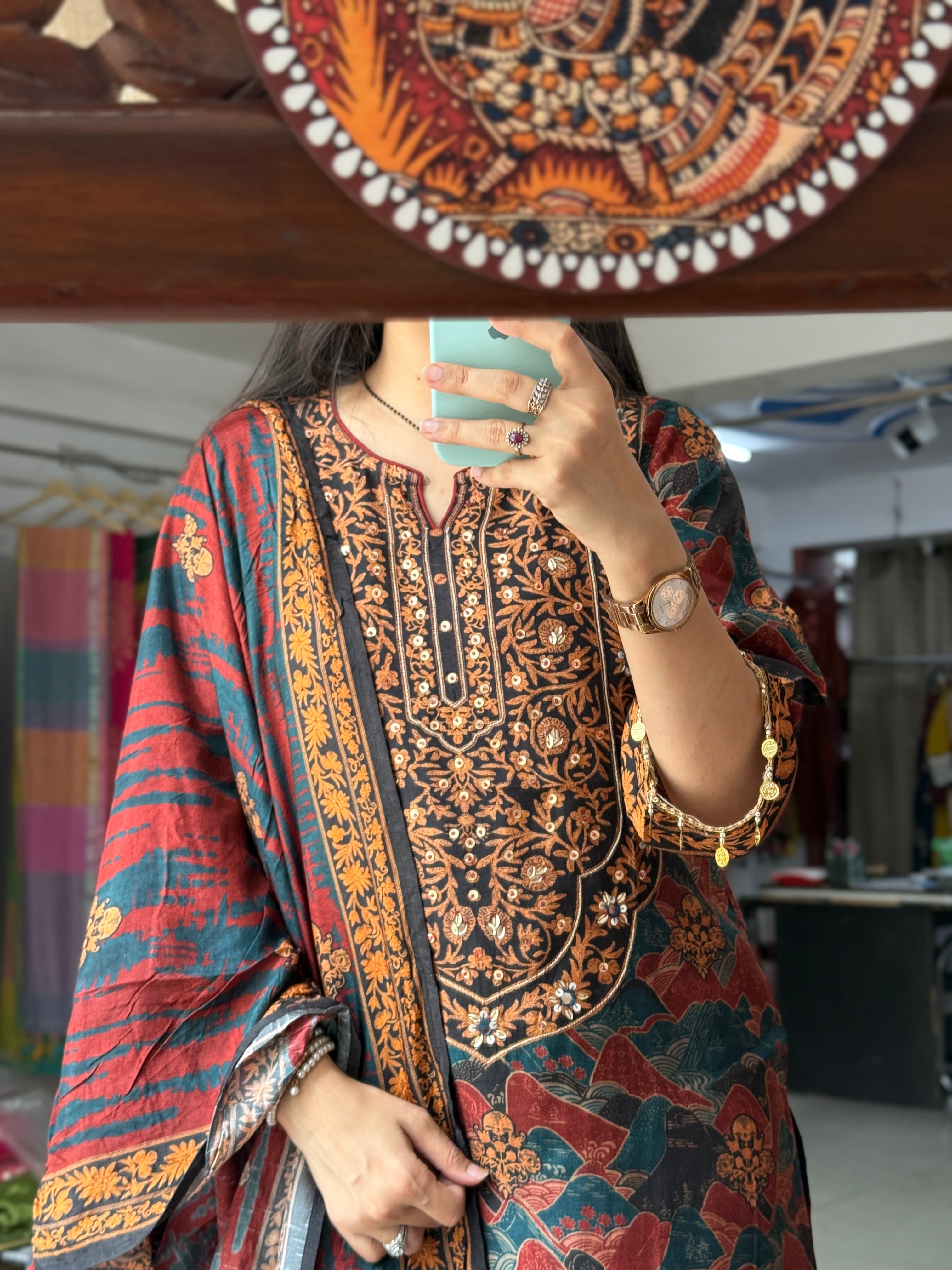 Ajrakh Printed Suit Set with Hand Embroidered Designer sleeves and bottom with Duppata | within lining