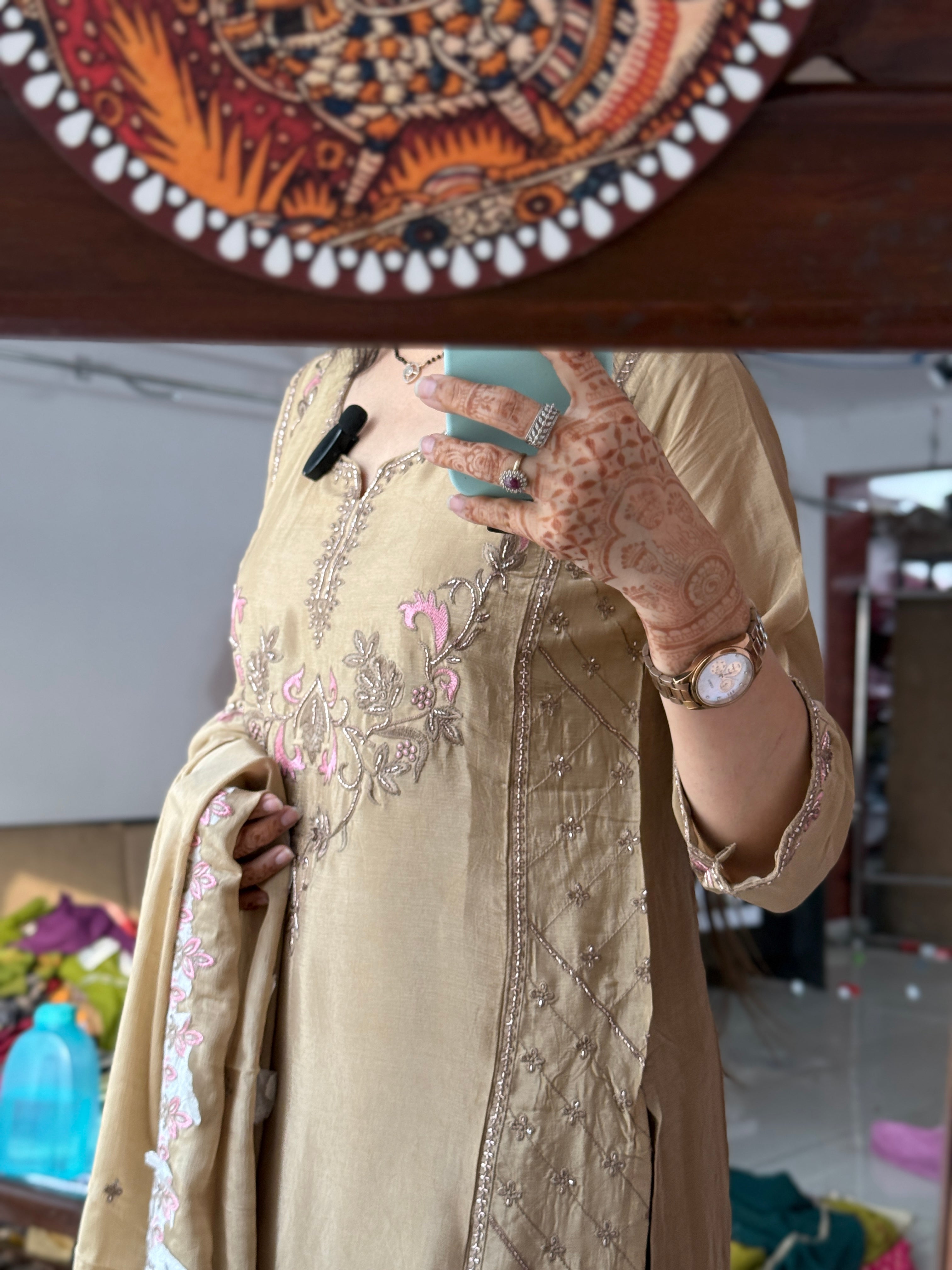 Golden Bliss Suit Set with Hand Embroidered| Cotton Lining in top and bottom| Duppata with embroidery | Pure Chinon