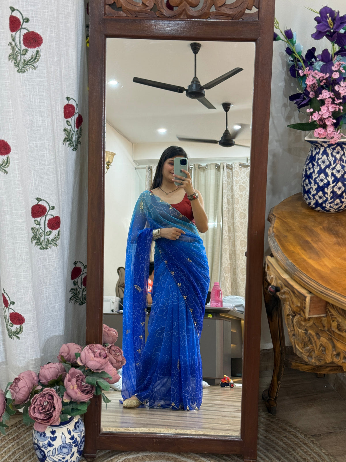 Dual tone Blue Georgette Saree | Cutdana Handwork | With blouse