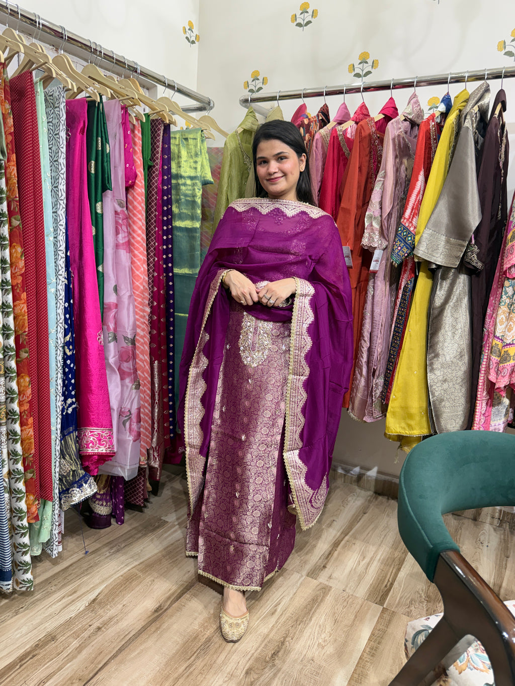 Wine Purple Pure Silk Woven suit set| Dabka Work | Hand embroidered | With cotton lining| Silk bottom with pocket and buttons| Tissue Duppata
