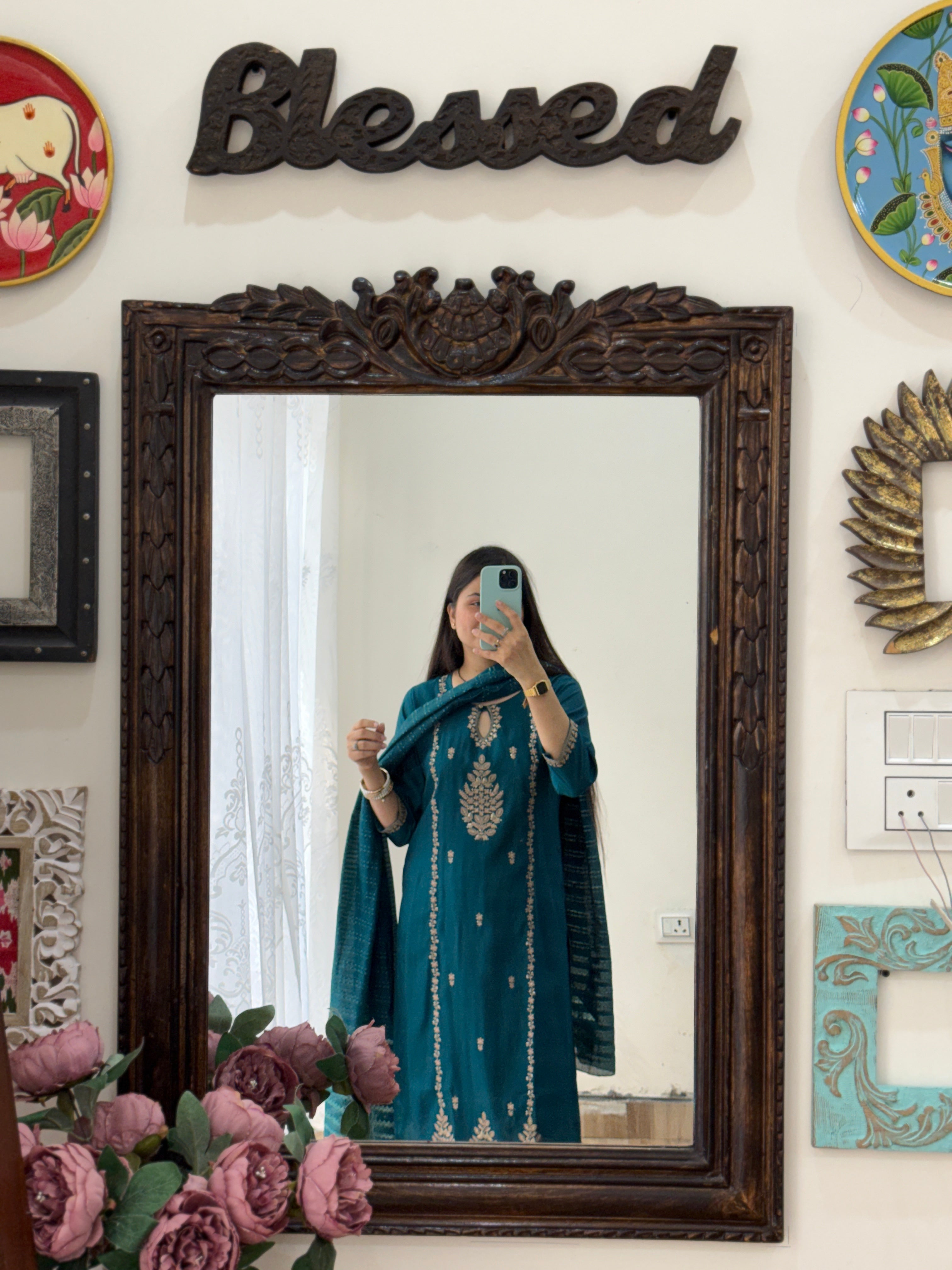 Peacock blue suit | With cotton lining| Embroidered| Stylish neckline
