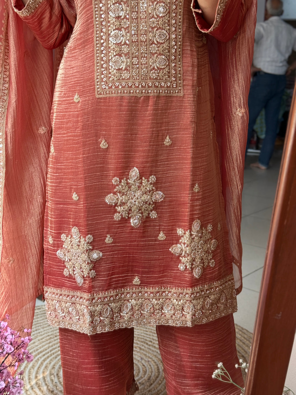 Peachy Orange Crushed tissue Suit Set |Cotton lining | Hand Embroidered |Heavy Duppatta