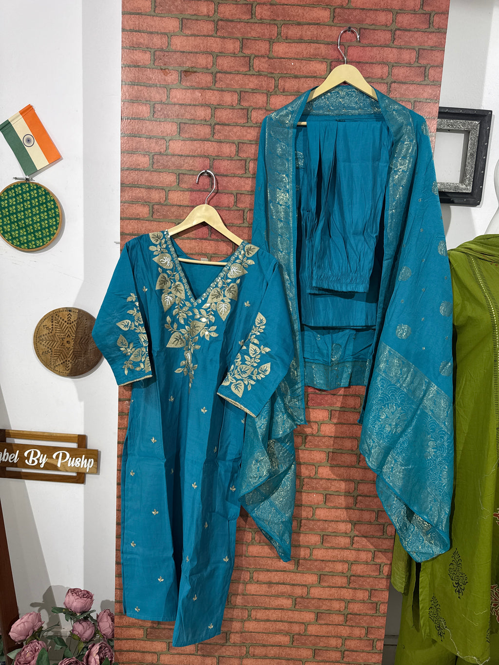 Firozi Suit Set | Silk cotton  | With lining| Embroidered|Designer sleeves