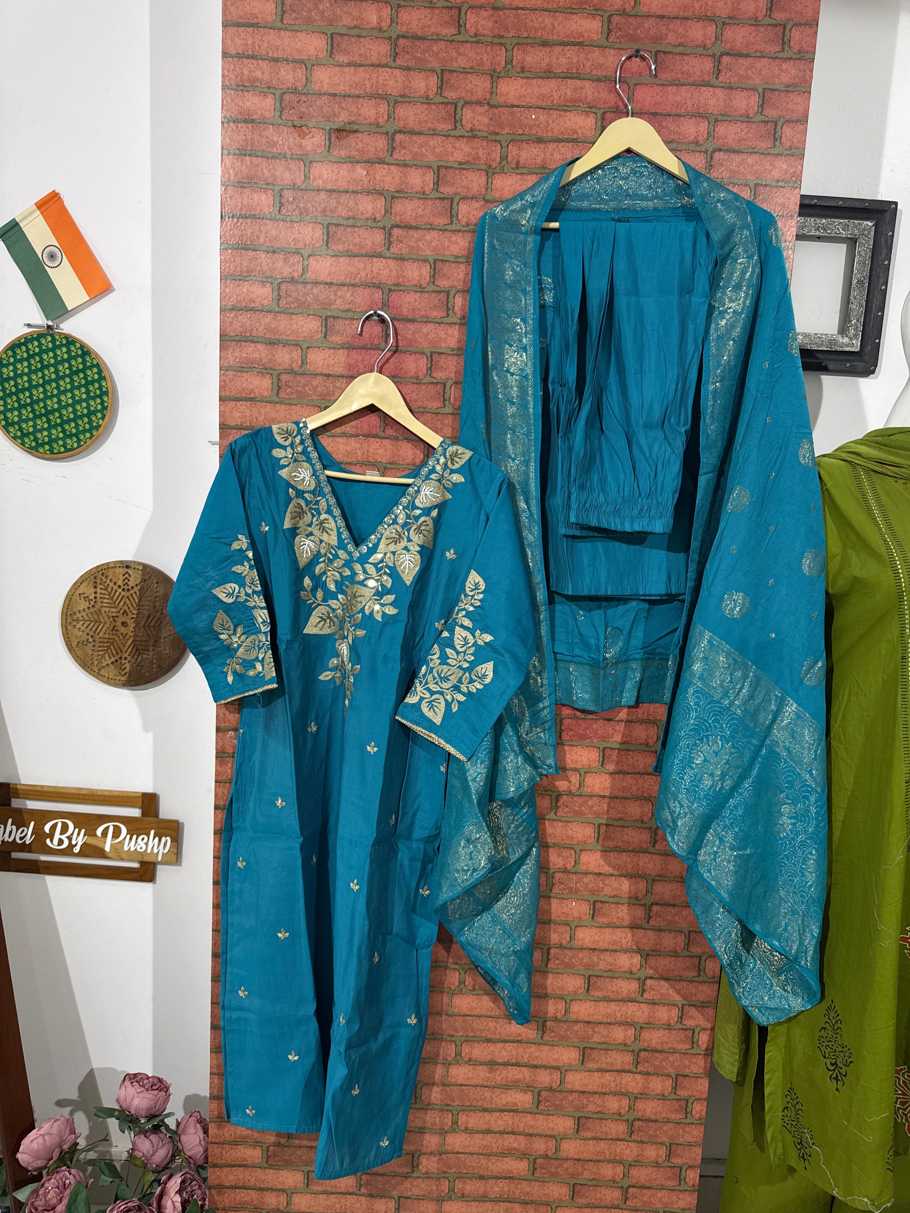 Firozi Suit Set | Silk cotton  | With lining| Embroidered|Designer sleeves