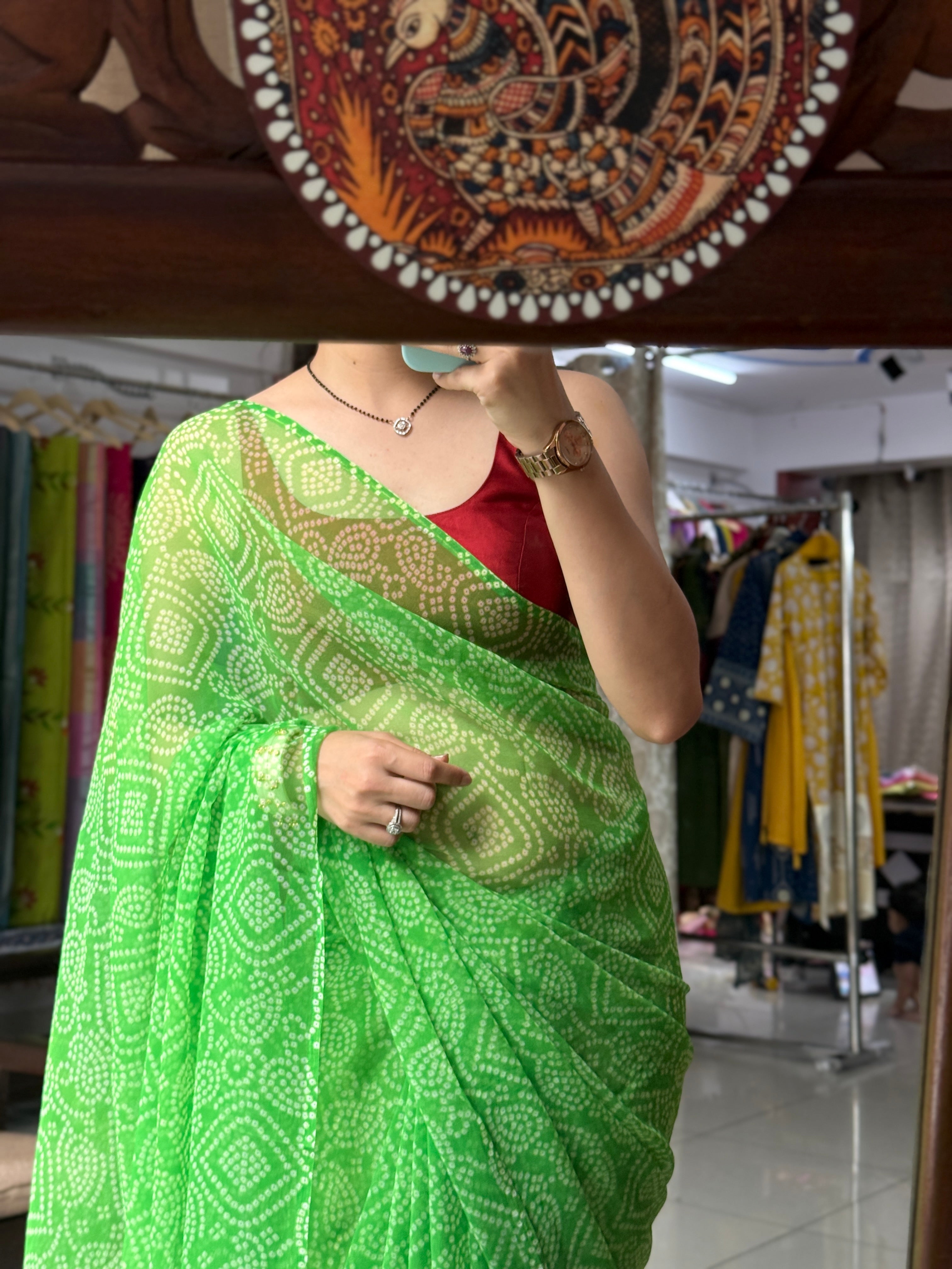 Green Georgette Bandhani Saree|without blouse| Budget Friendly