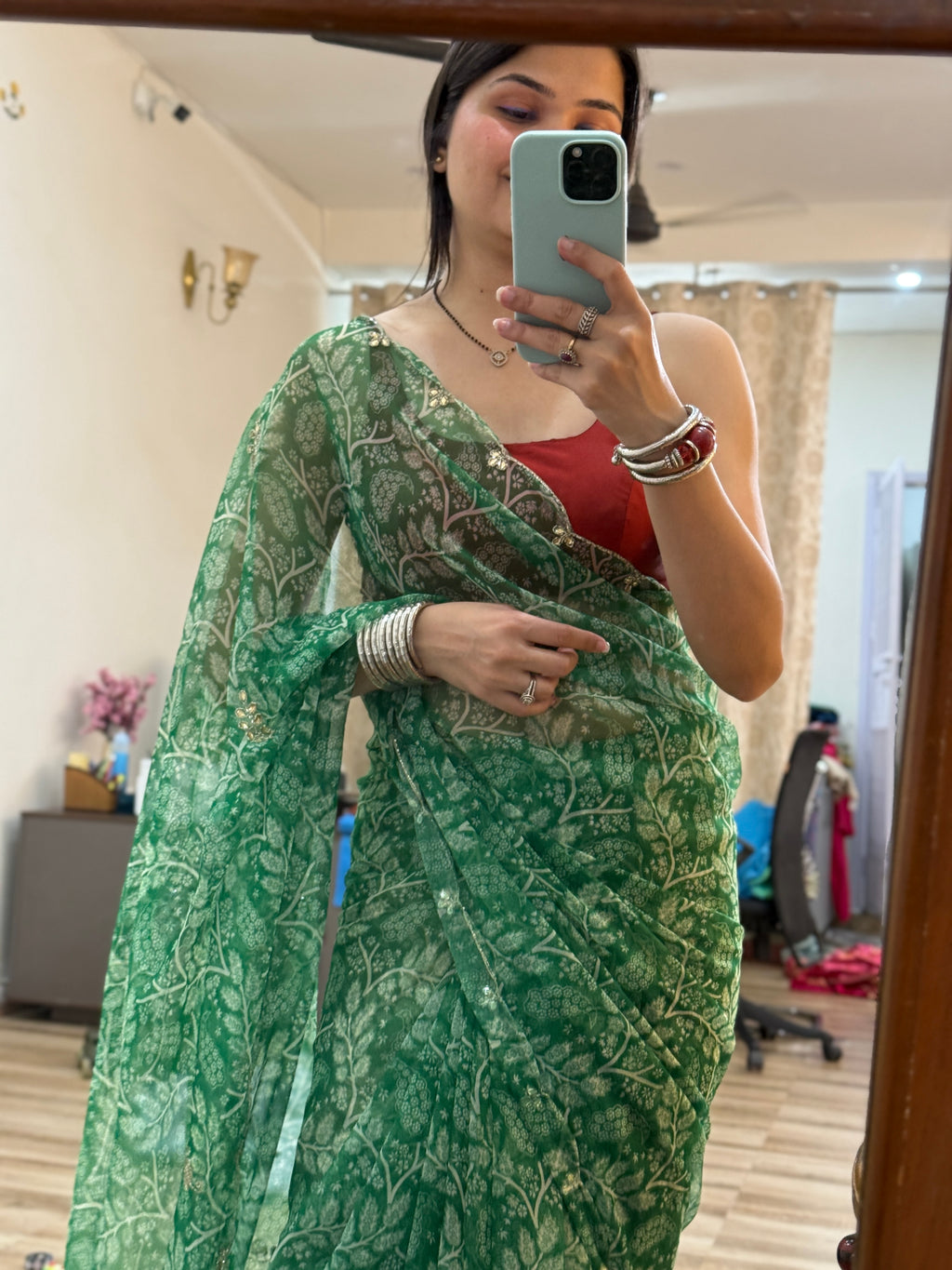 Floral Pure Georgette Handblock Digital Printed Saree| Handwork cutdana detailing| Without blouse