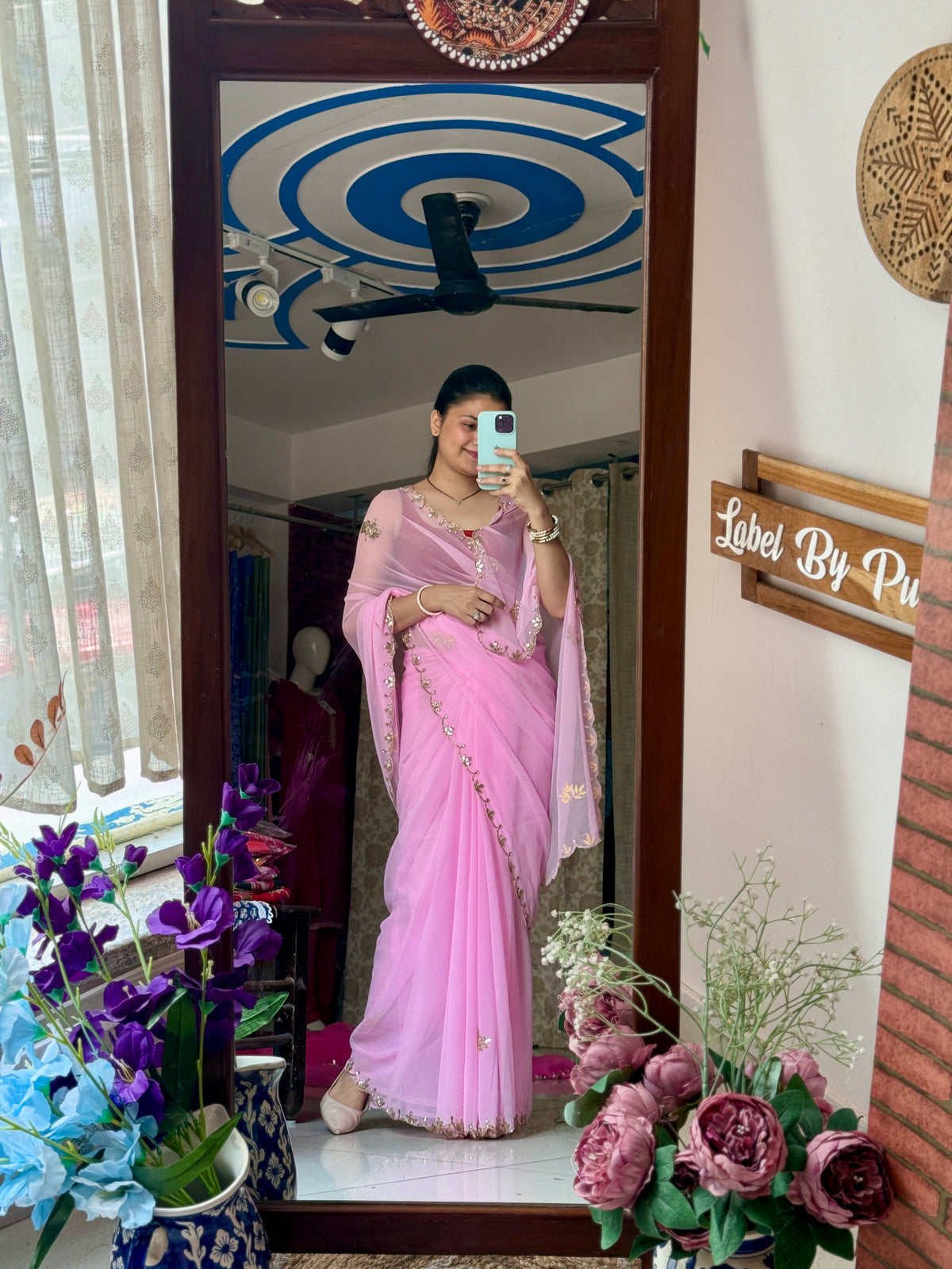 Baby Pink Pure Georgette Saree| Handwork cutdana detailing| With blouse