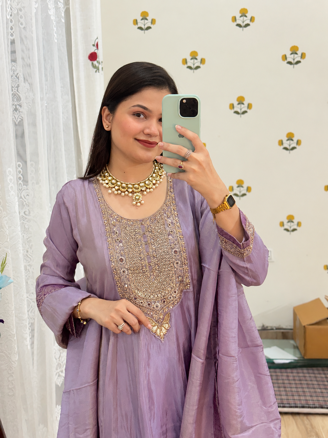 Tissue Shimmer Embroidered Anarkali Suit| with lining| Banarsi Border| Hand Embroidered