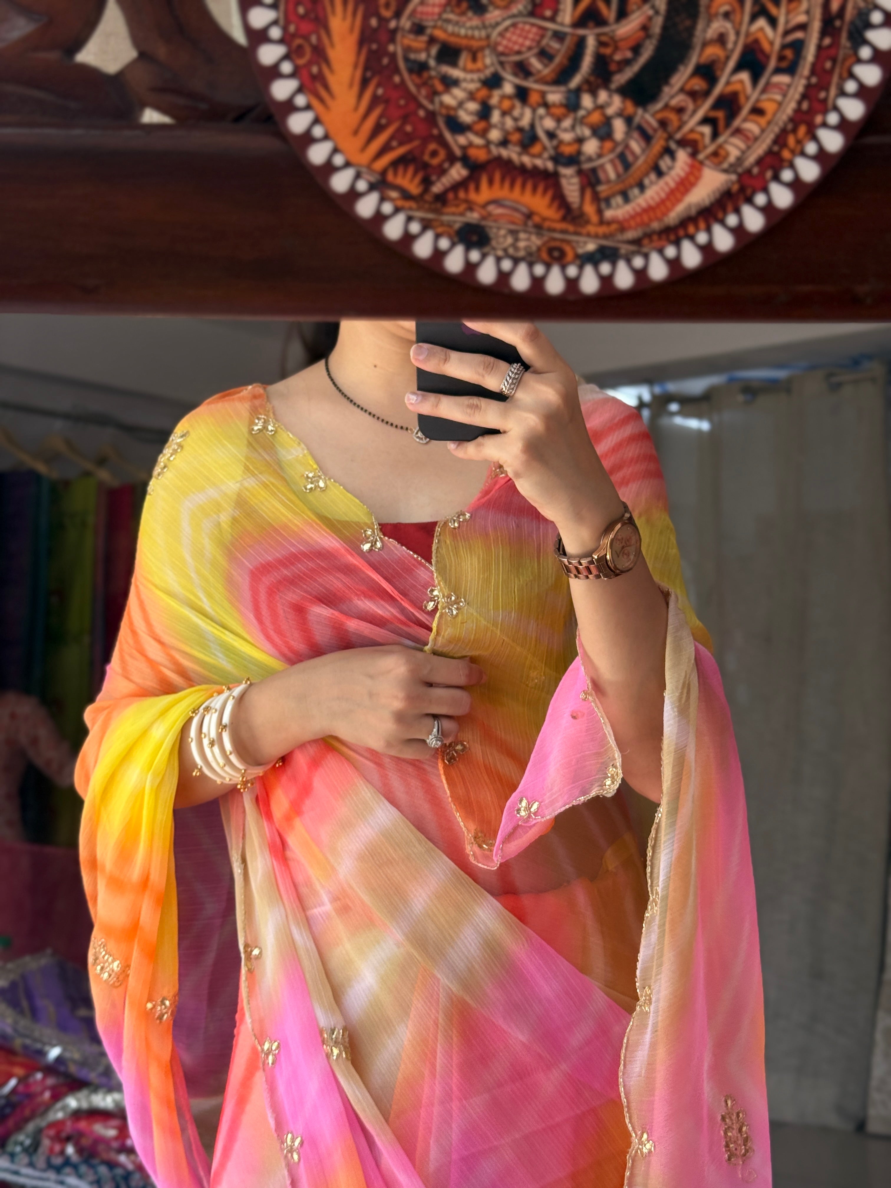Multi colour Pure Georgette Digital Printed Saree| Handwork cutdana detailing| Without blouse