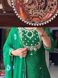 Green Leheriya Suit Set for Women | Printed Ethnic Suit with Dupatta| Hand Embroidery| With lining|Georgette with chiffon Duppata