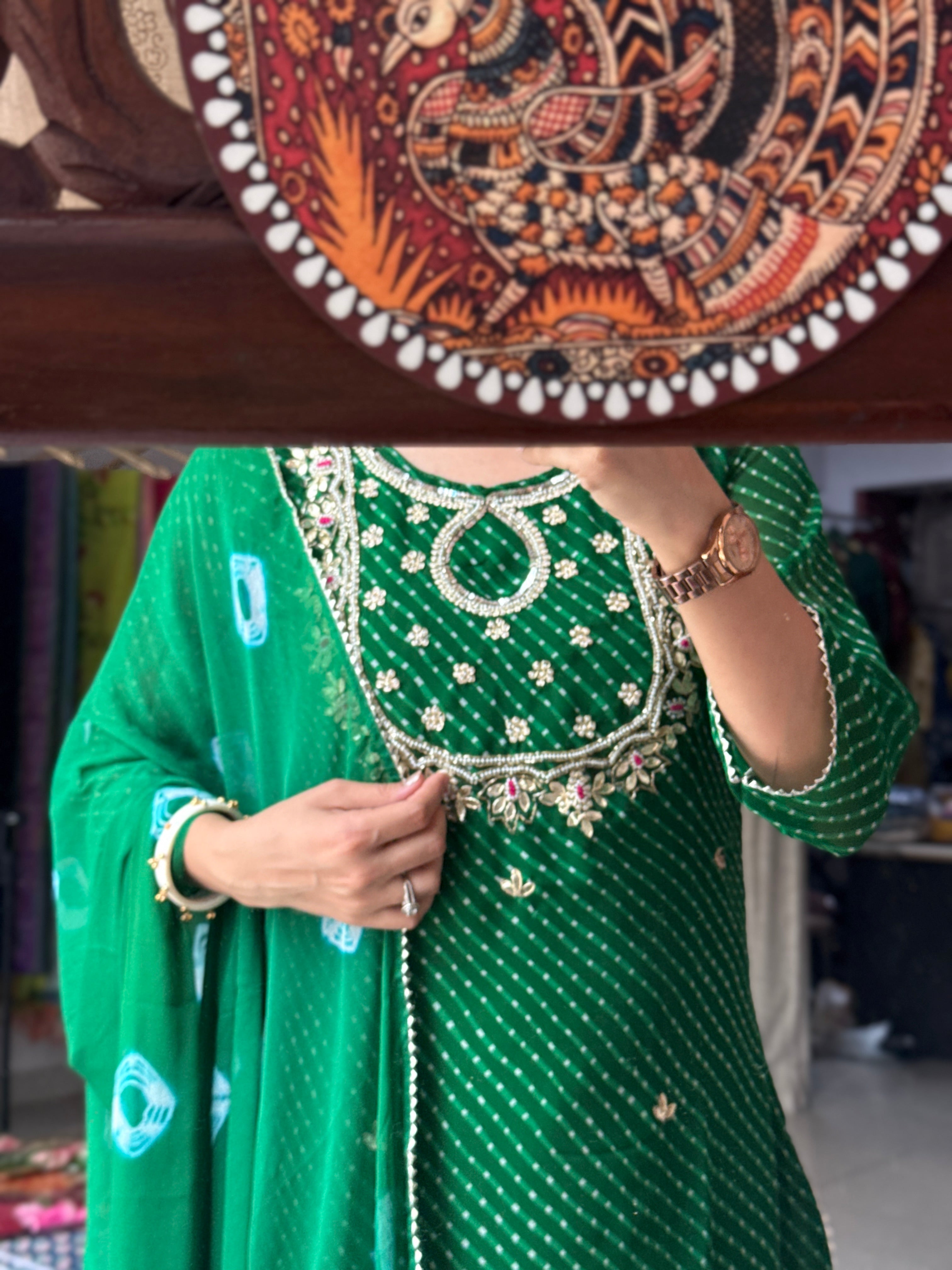 Green Leheriya Suit Set for Women | Printed Ethnic Suit with Dupatta| Hand Embroidery| With lining|Georgette with chiffon Duppata