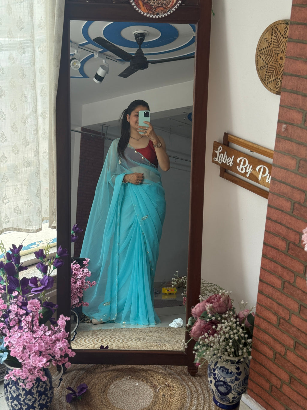 Sky blue Pure Georgette Saree| Handwork cutdana detailing| With blouse