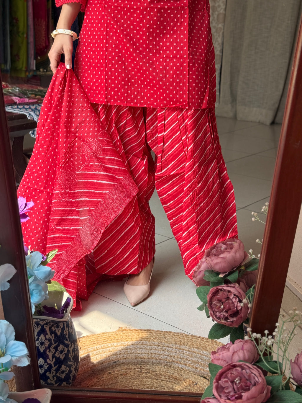 Red Farshi Salwar Set| Cotton | Leheriya Salwar| Cotton Duppata | Lacework