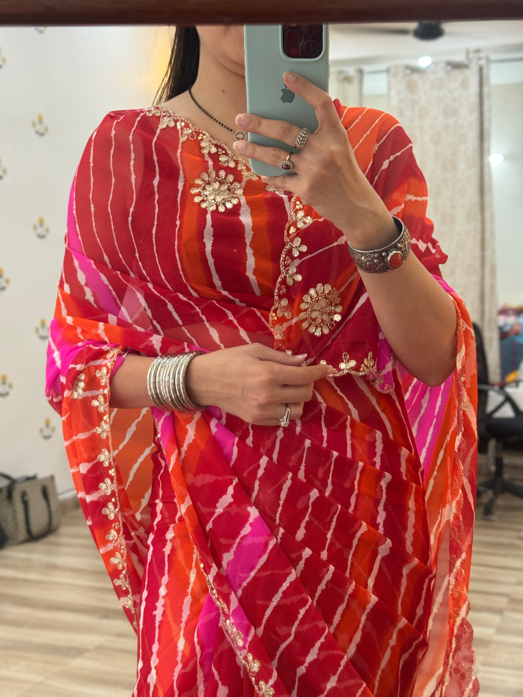 Pink Orange Leheriya  |Pure Georgette Digital Printed Saree| Handwork cutdana detailing| With blouse