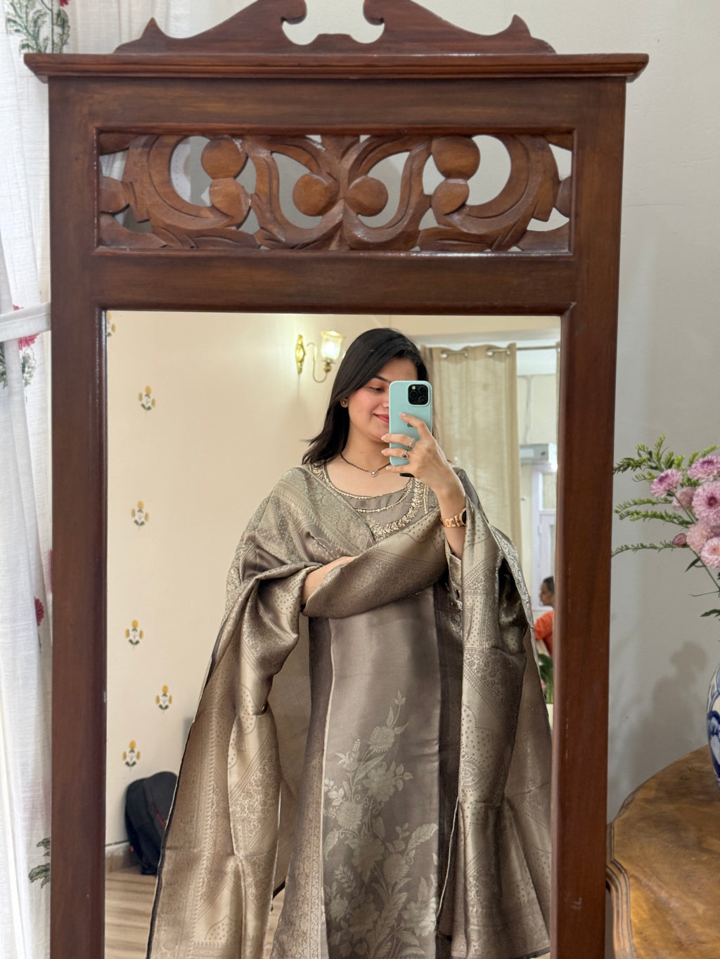 Designer Heavy Partywear Suit | Tissue Brocade suit | With cotton lining| Hand Embroidered| Designer Duppata