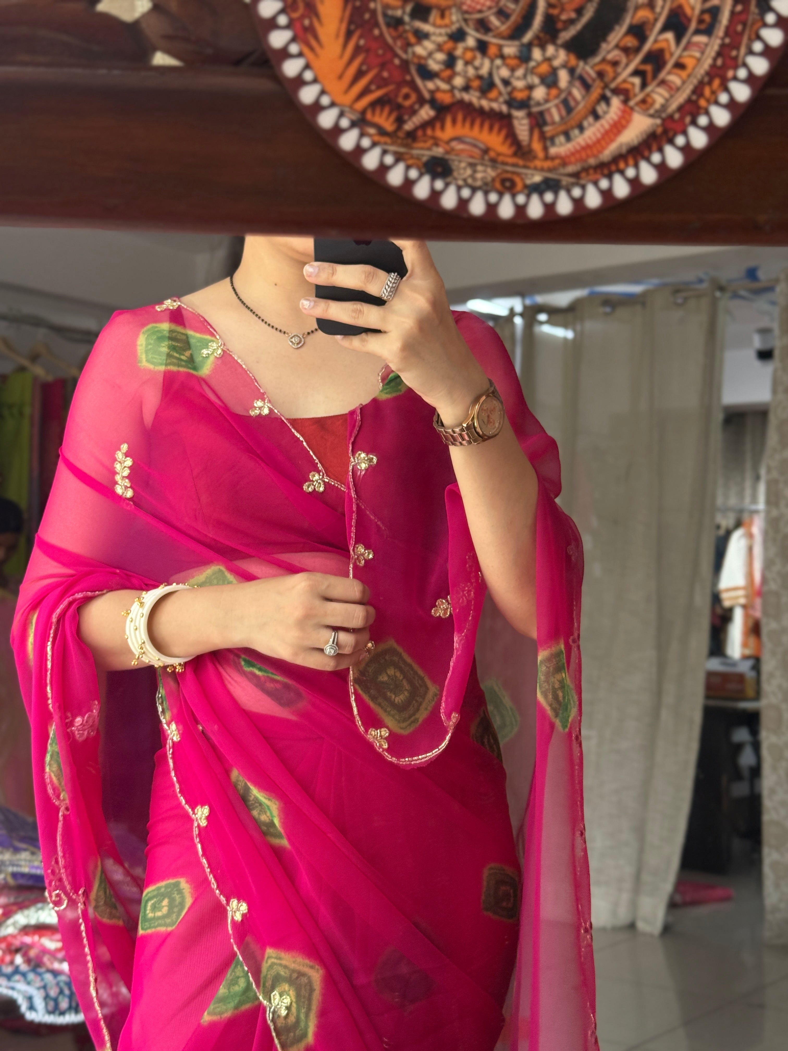 Pink shibori Pure Georgette Digital Printed Saree| Handwork cutdana detailing| Without blouse