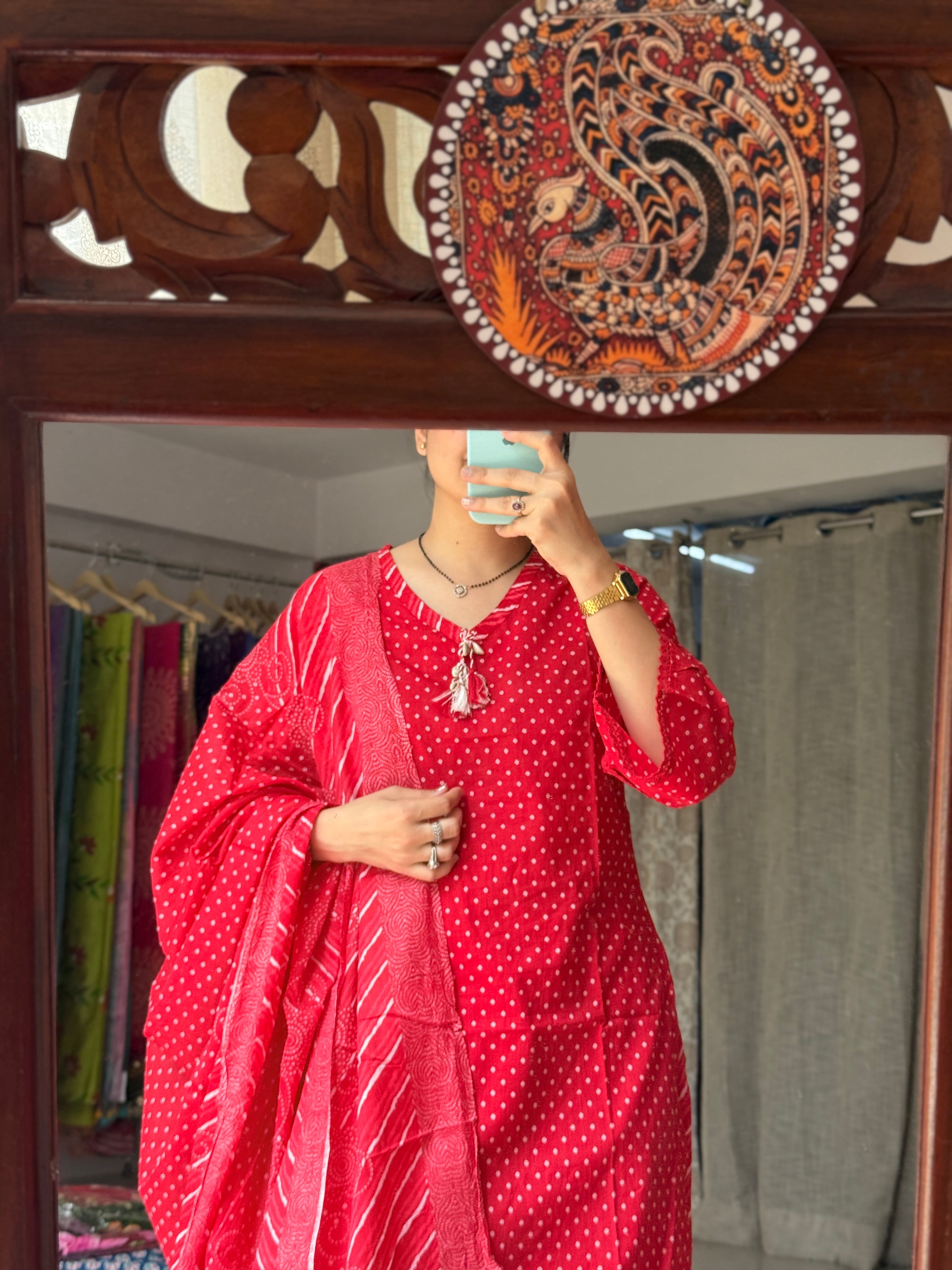 Red Farshi Salwar Set| Cotton | Leheriya Salwar| Cotton Duppata | Lacework