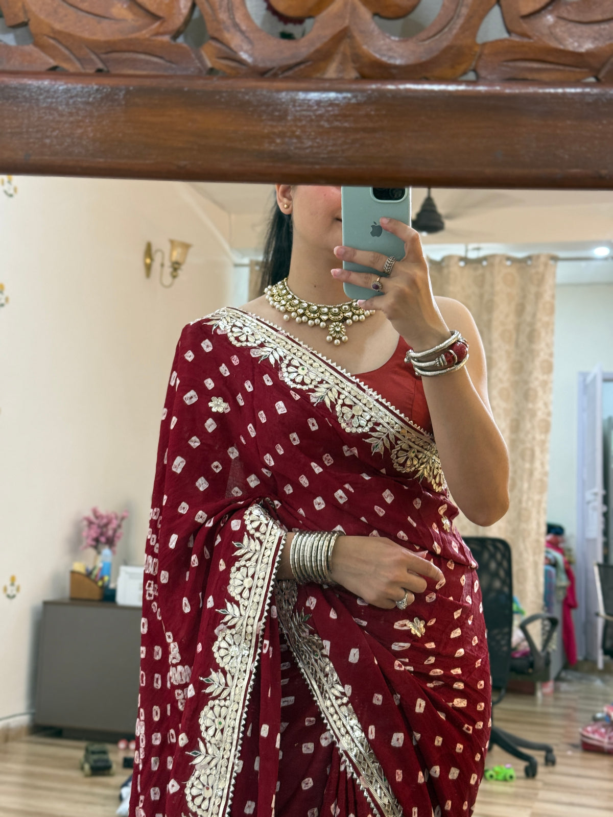 Maroon Pure Gaji Silk Bandhani Saree with Gotta Patti Handwork|Comes with blouse | Premium Handwork Saree