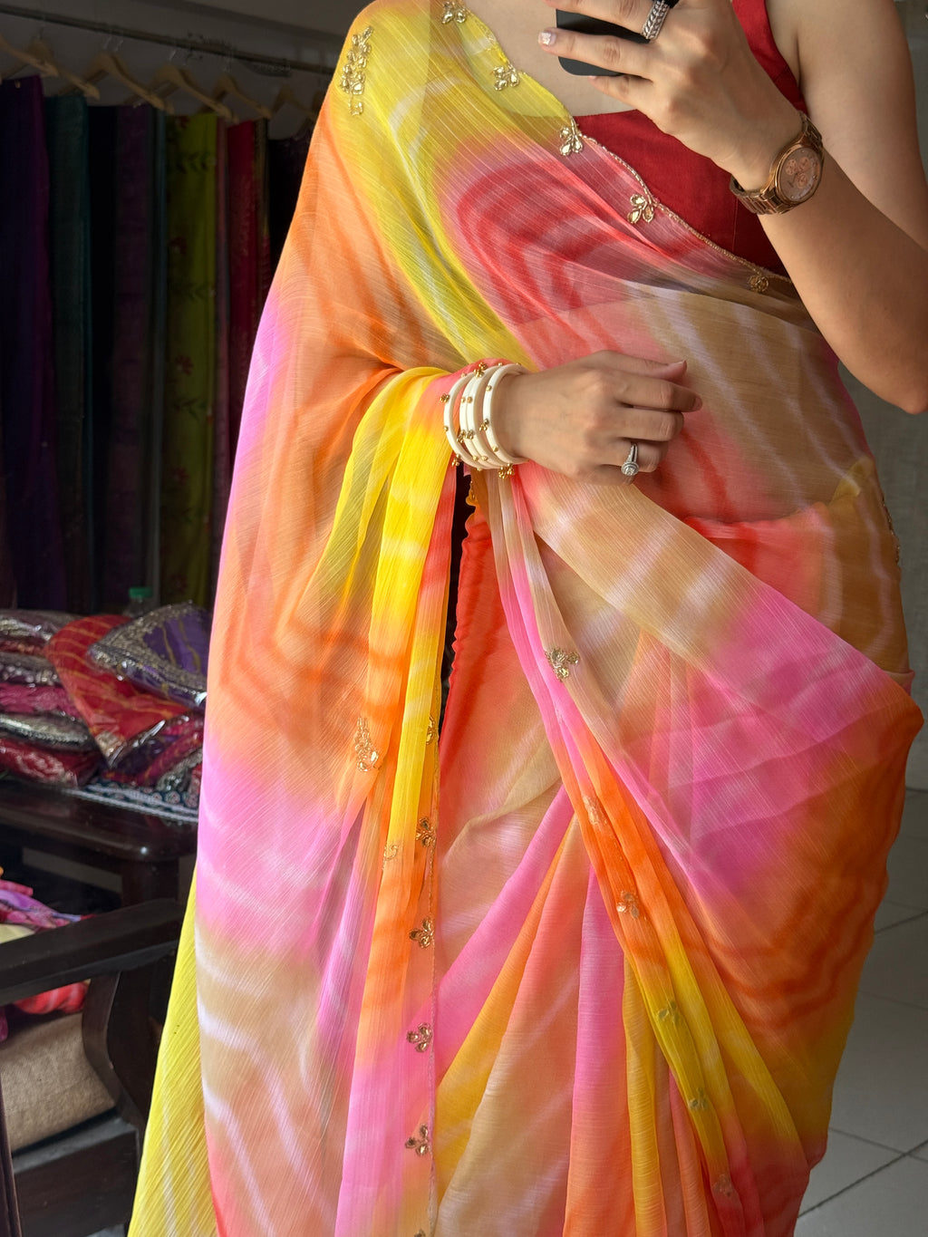 Multi colour Pure Georgette Digital Printed Saree| Handwork cutdana detailing| Without blouse
