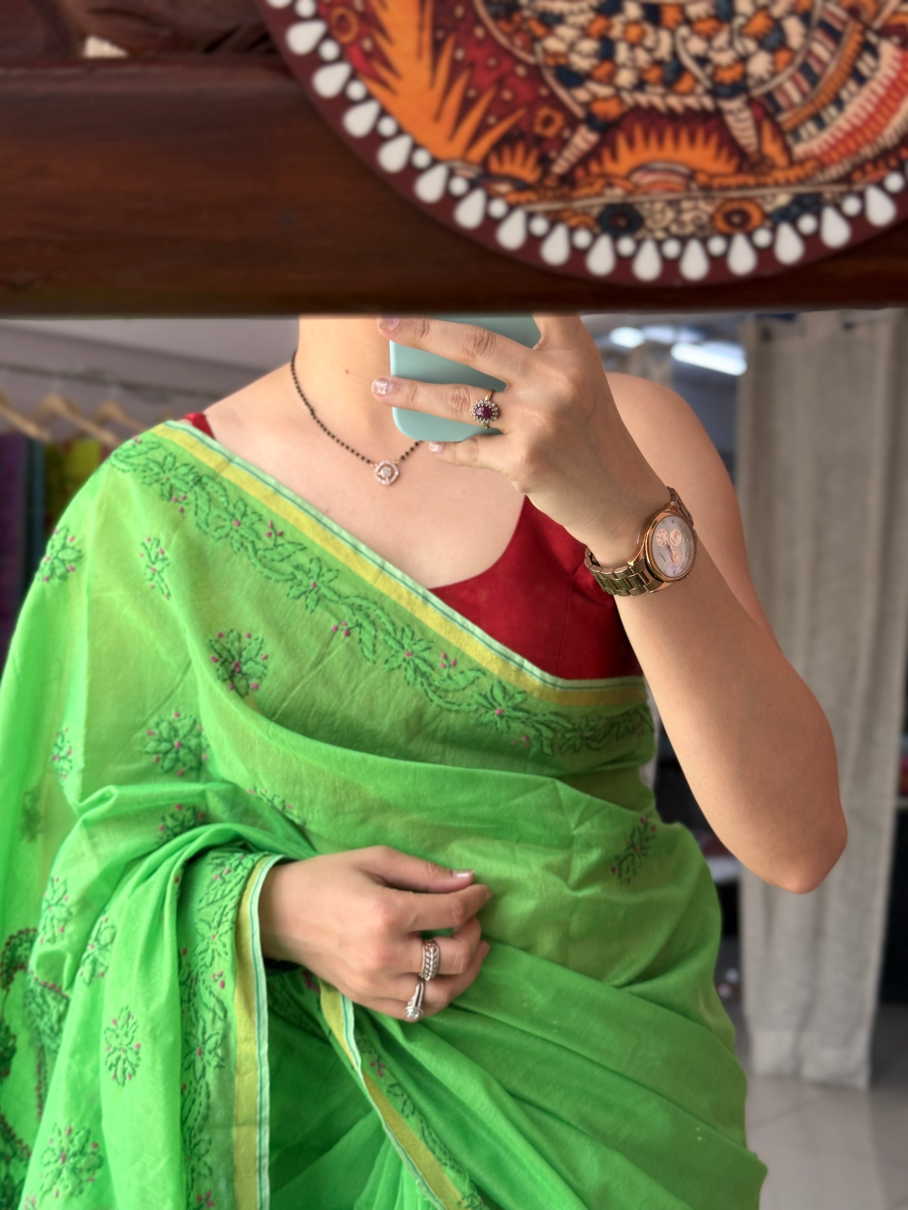 Green Hand Embroidered Chikanakri Saree| Mul Chanderi Fabric| With embroidered blouse