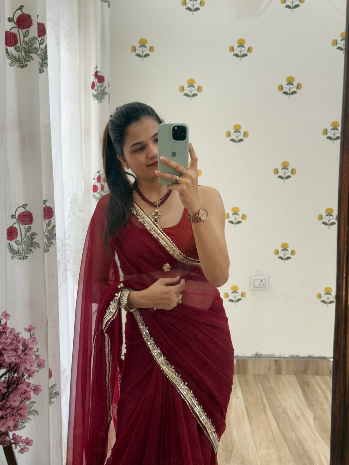 Red Wine Georgette Saree | Gotta Pati Handwork | With blouse