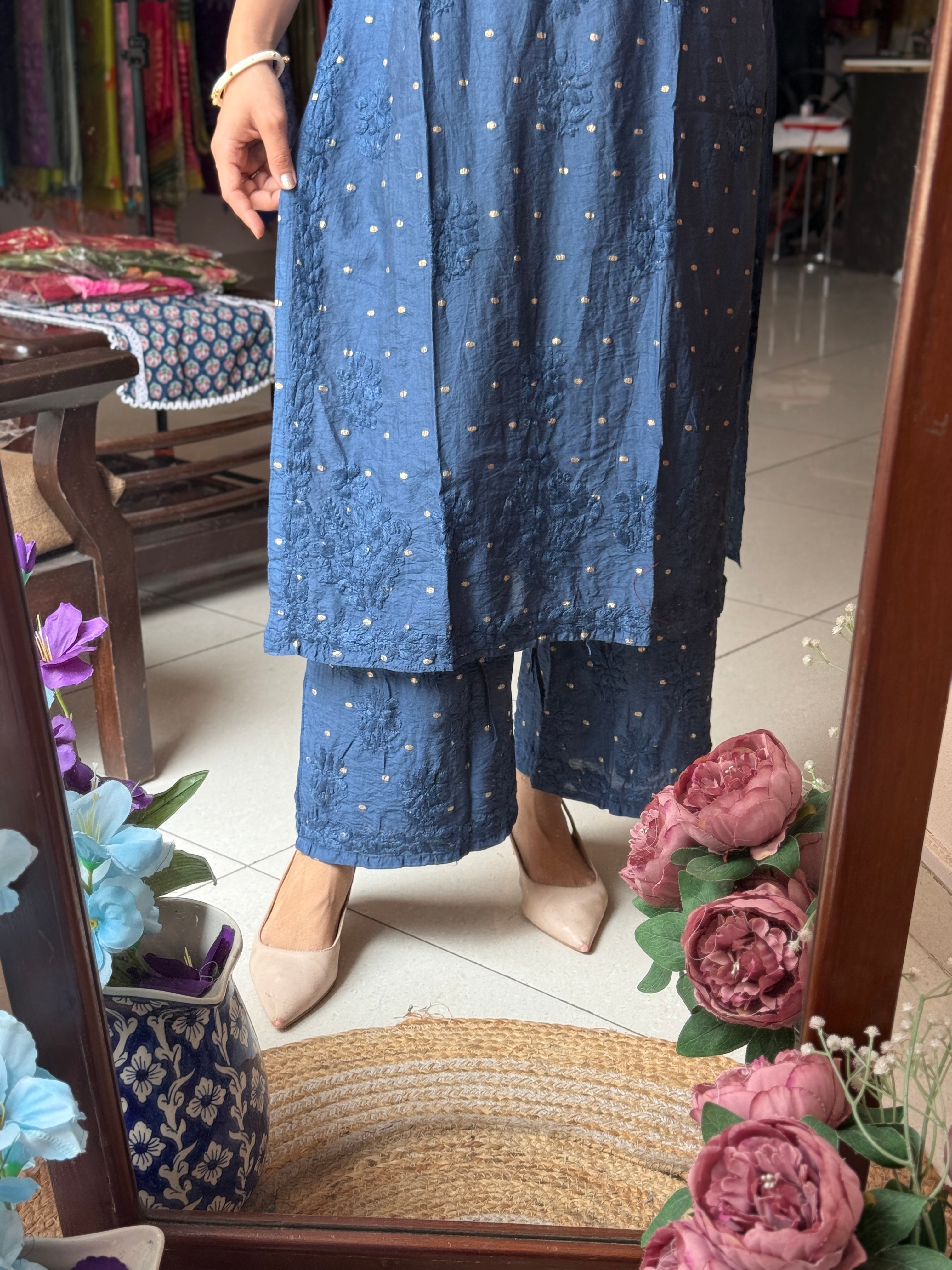 Blue Mul Chanderi | Chikankari Hand embroidery| cotton lining in bottom| Premium design