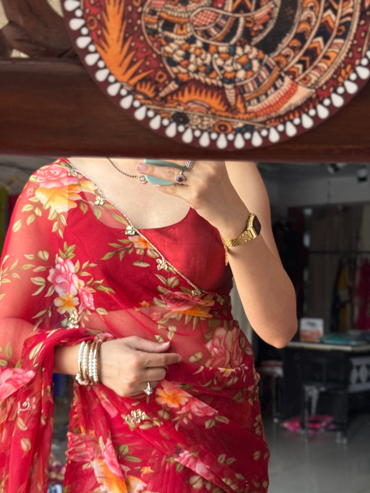 Red floral |Pure Georgette Digital Printed Saree| Handwork cutdana detailing| Without blouse