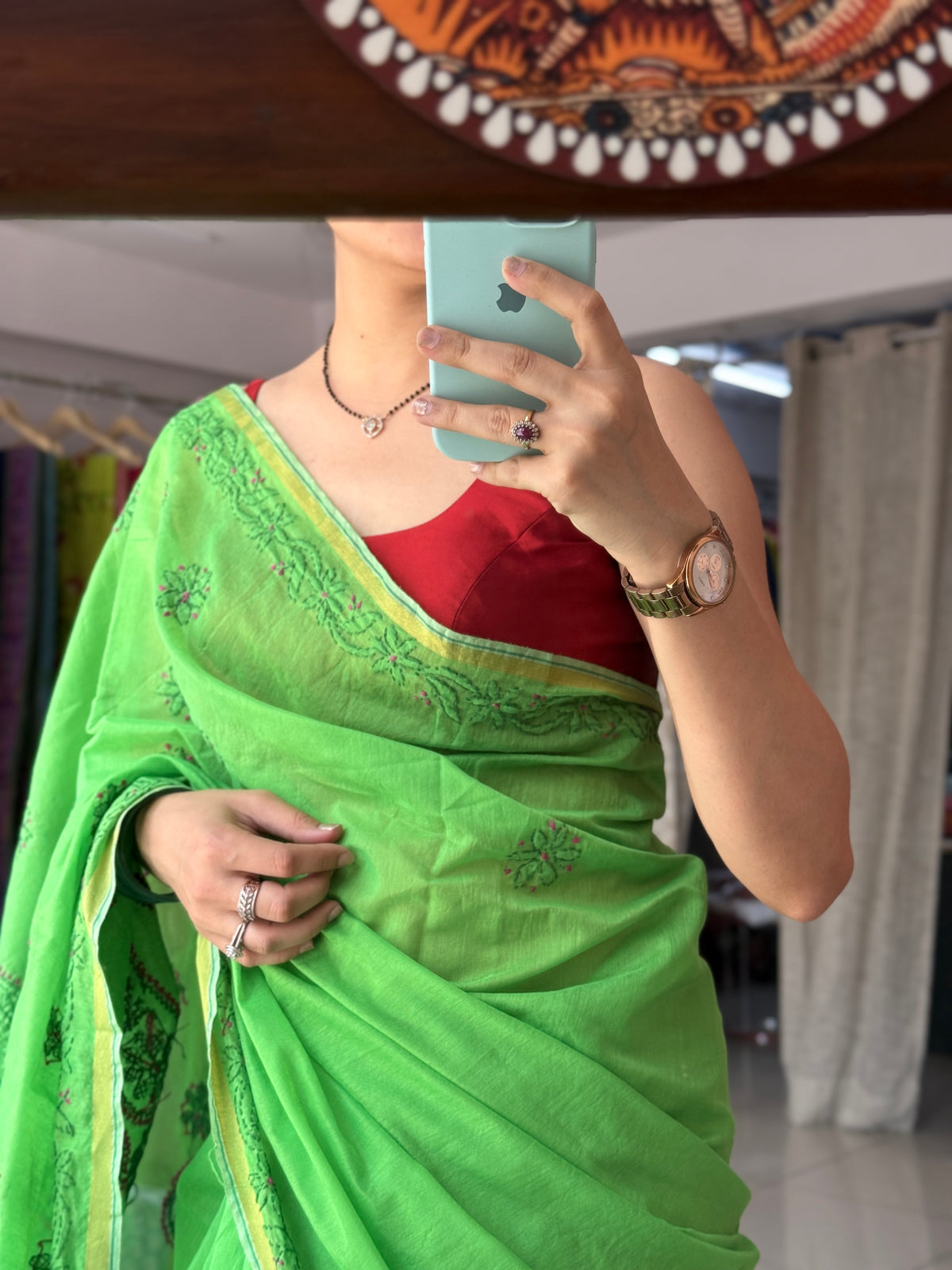 Green Hand Embroidered Chikanakri Saree| Mul Chanderi Fabric| With embroidered blouse