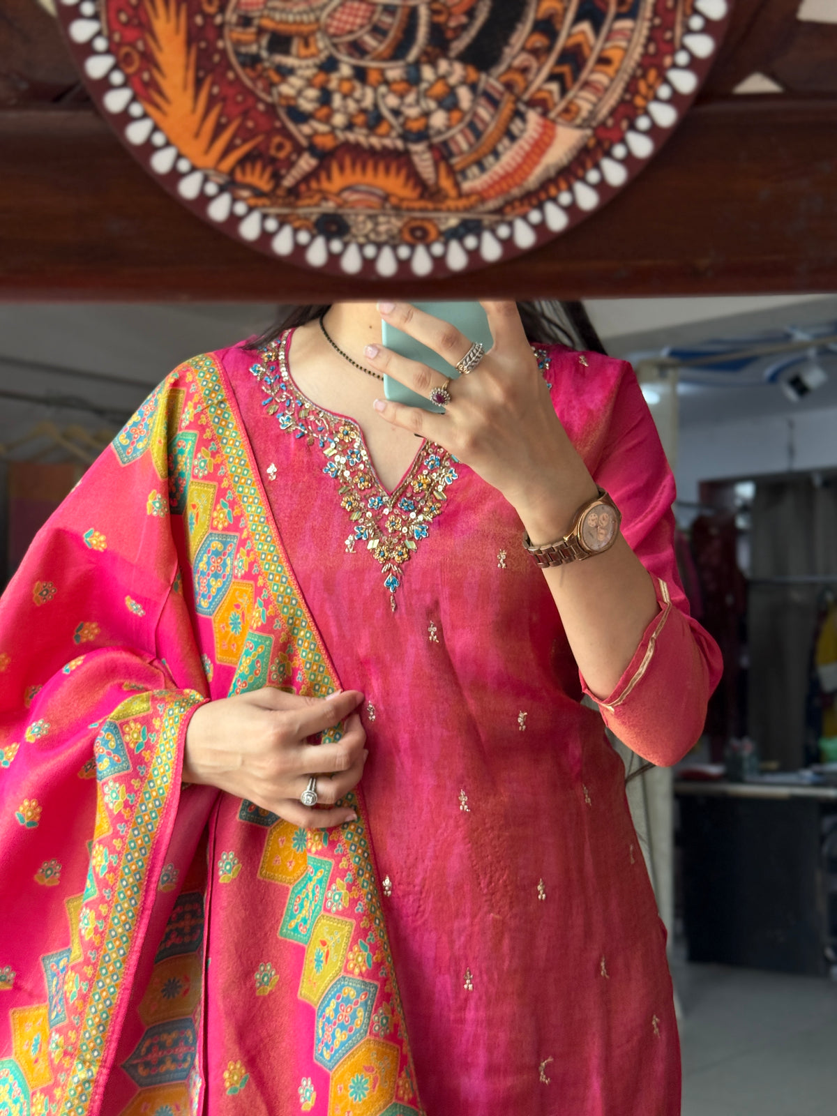 Pink Tissue Suit Set with Hand Embroidered Neckline and bottom with Duppata | within lining