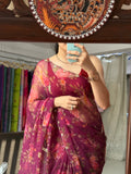 Wine Pure Georgette Handblock Digital Printed Saree| Handwork cutdana detailing| Without blouse