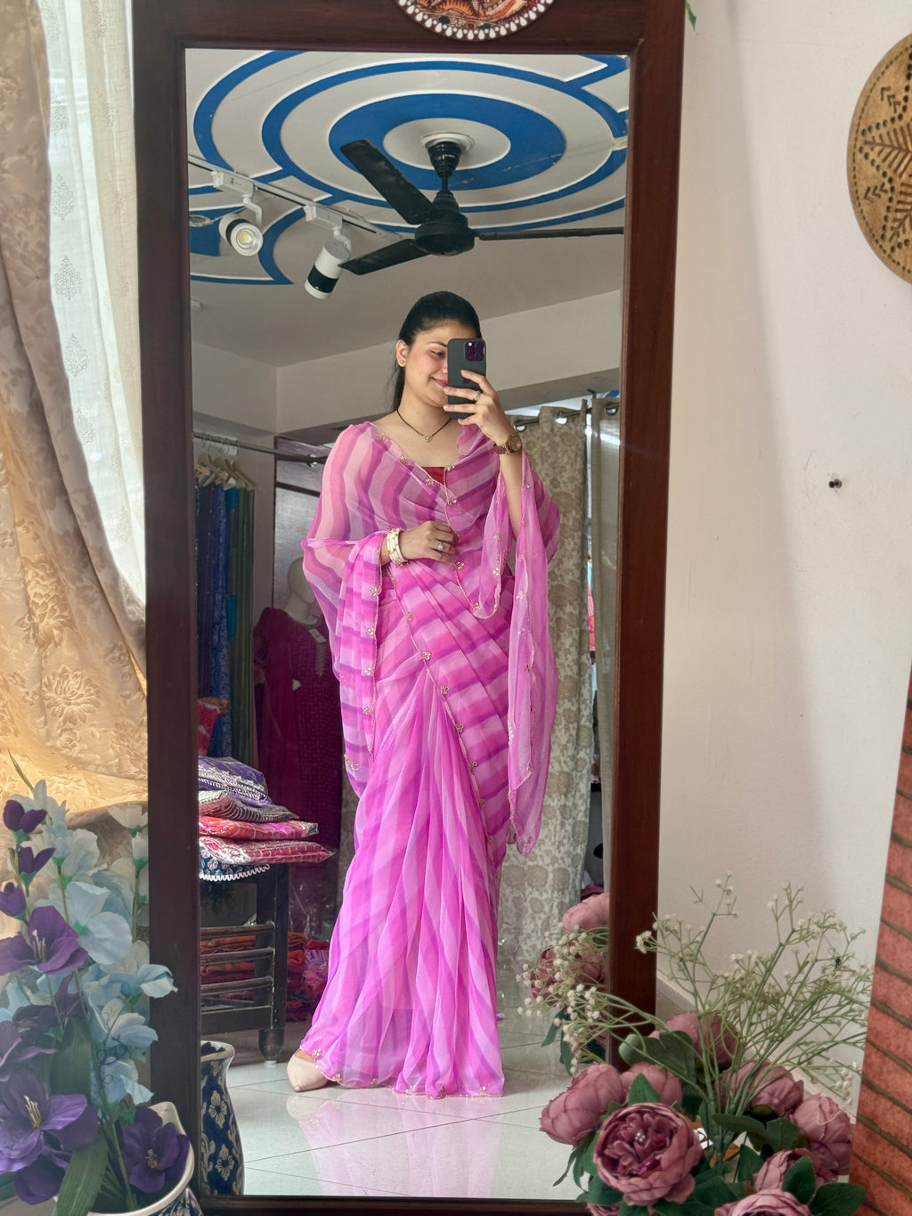 Leheriya |Pure Georgette Digital Printed Saree| Handwork cutdana detailing| Without blouse