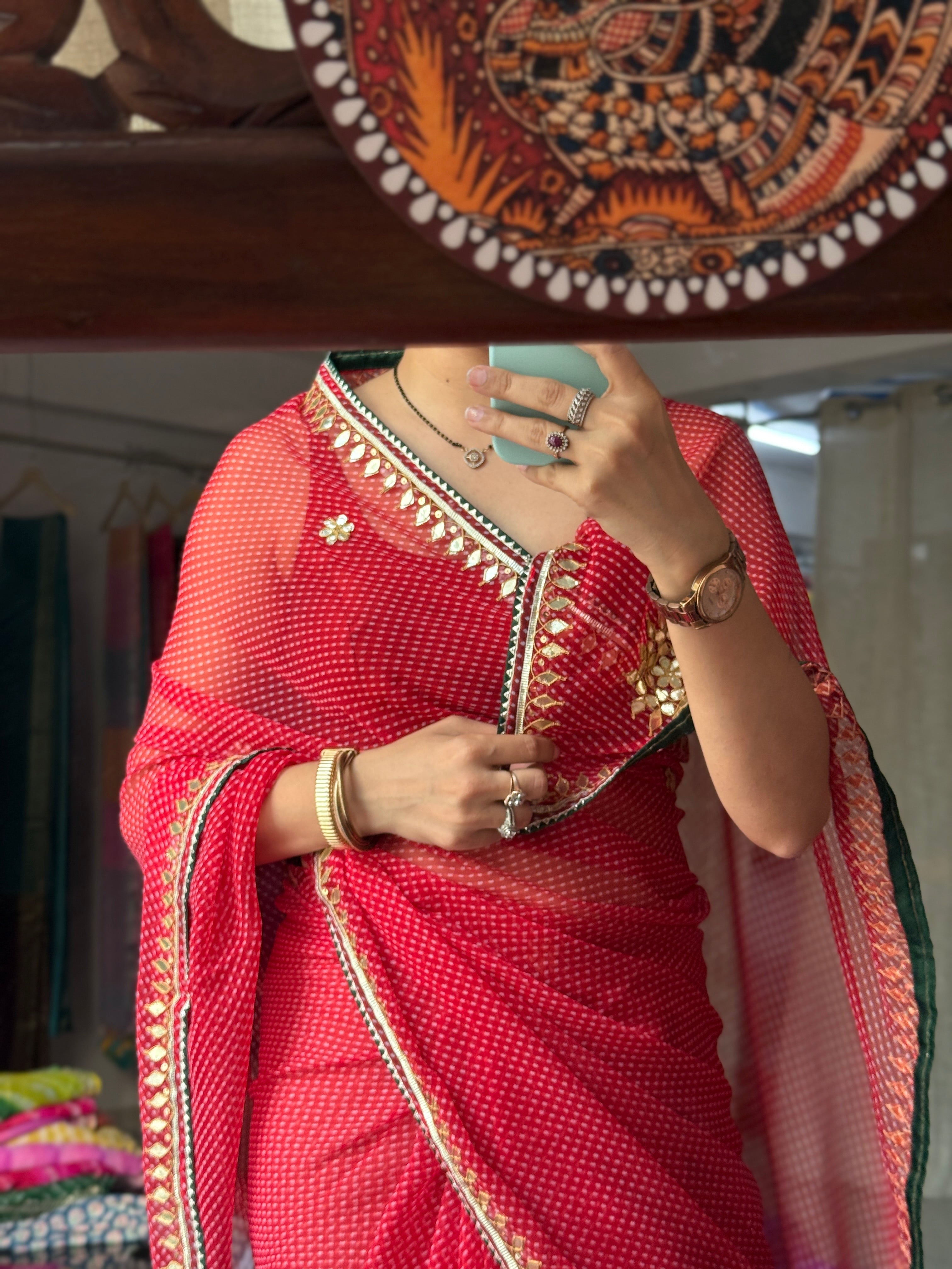 Red Leheriya Chiffon Leheriya Saree|  Handwork Gota patti work| With blouse