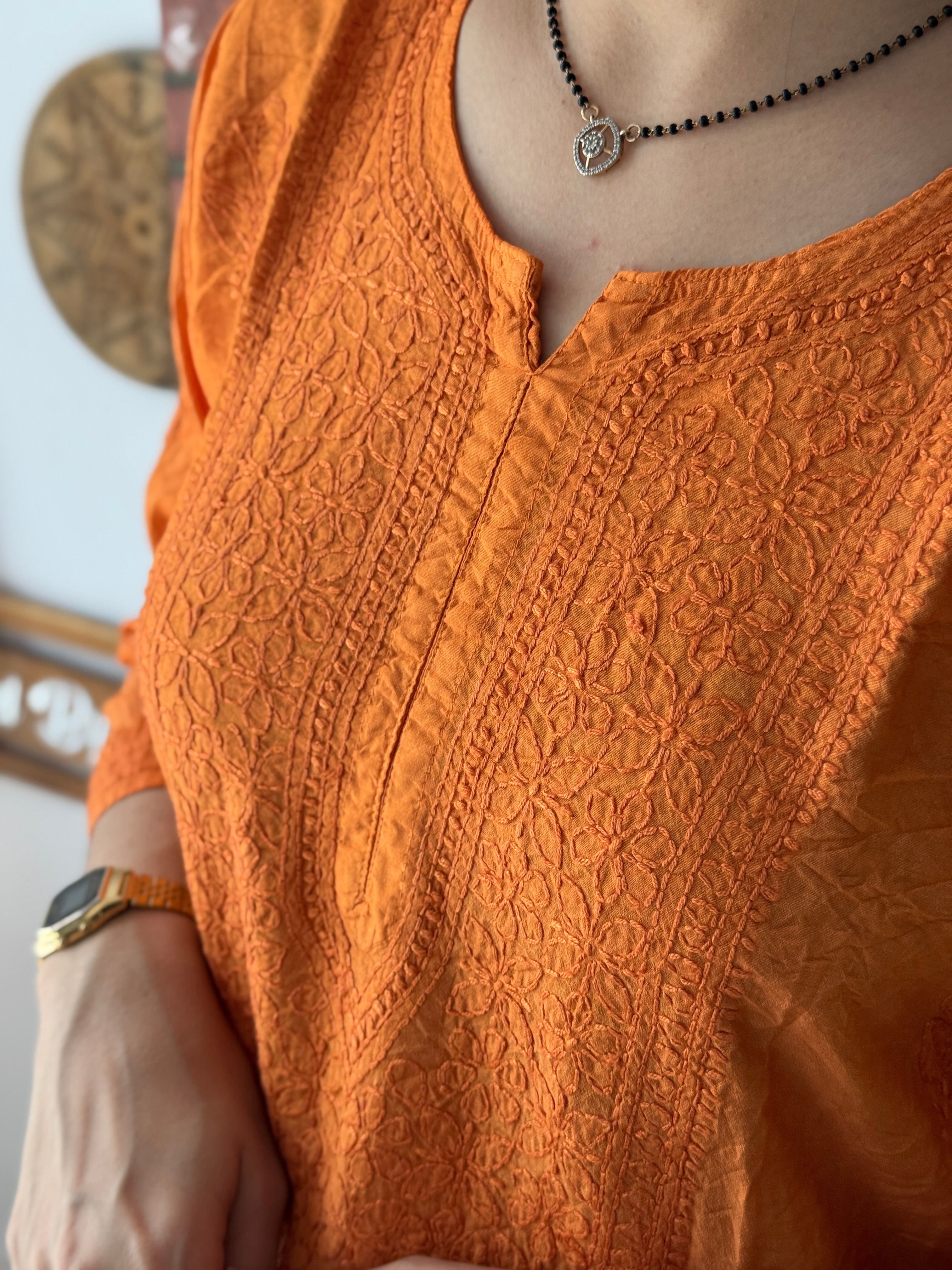 Orange Mul Chanderi Kurta| Chikankari Work|Hand Embroidery| Partywear Kurta