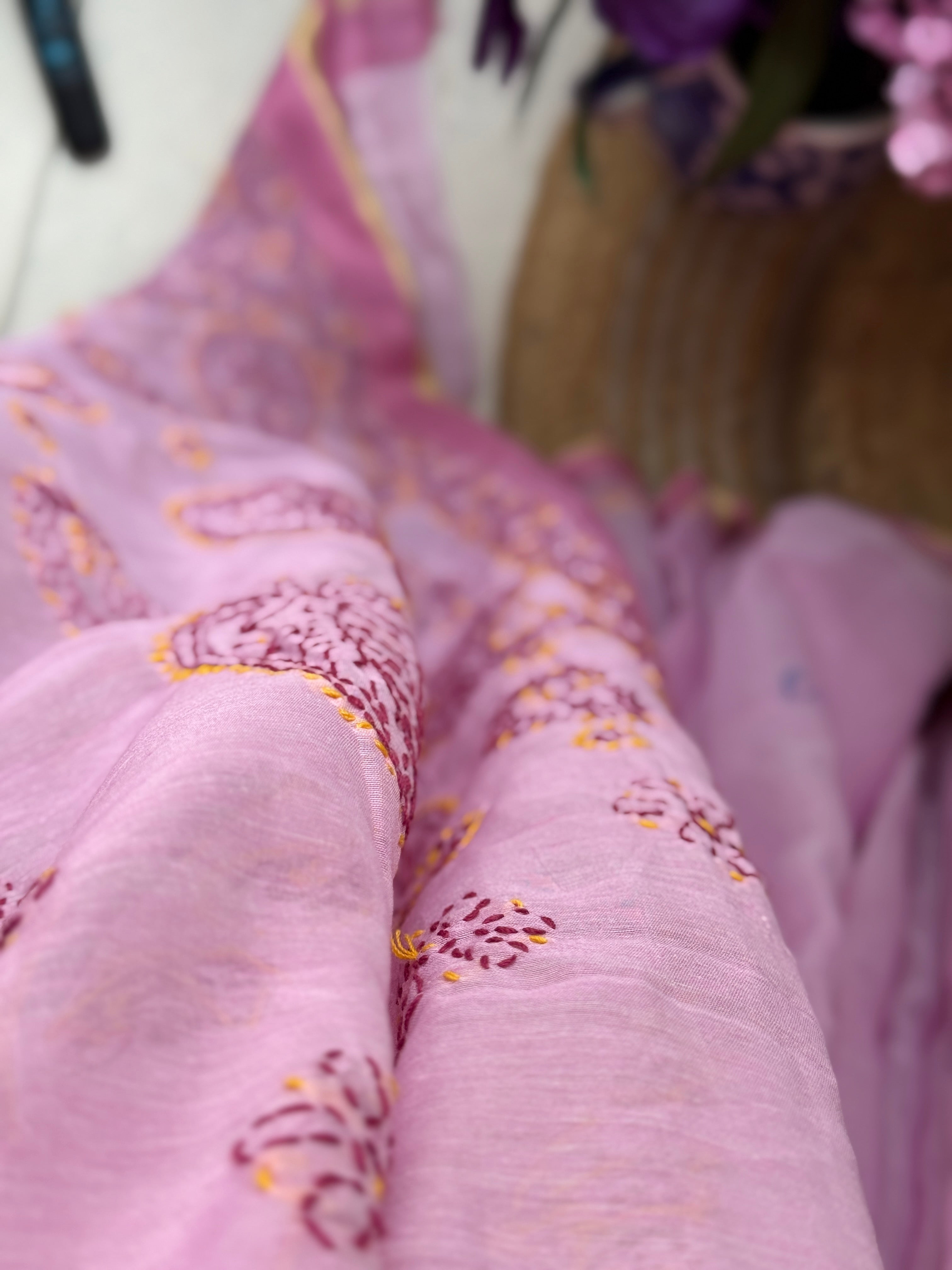 Baby Pink Hand Embroidered Chikanakri Saree| Mul Chanderi Fabric| With embroidered blouse