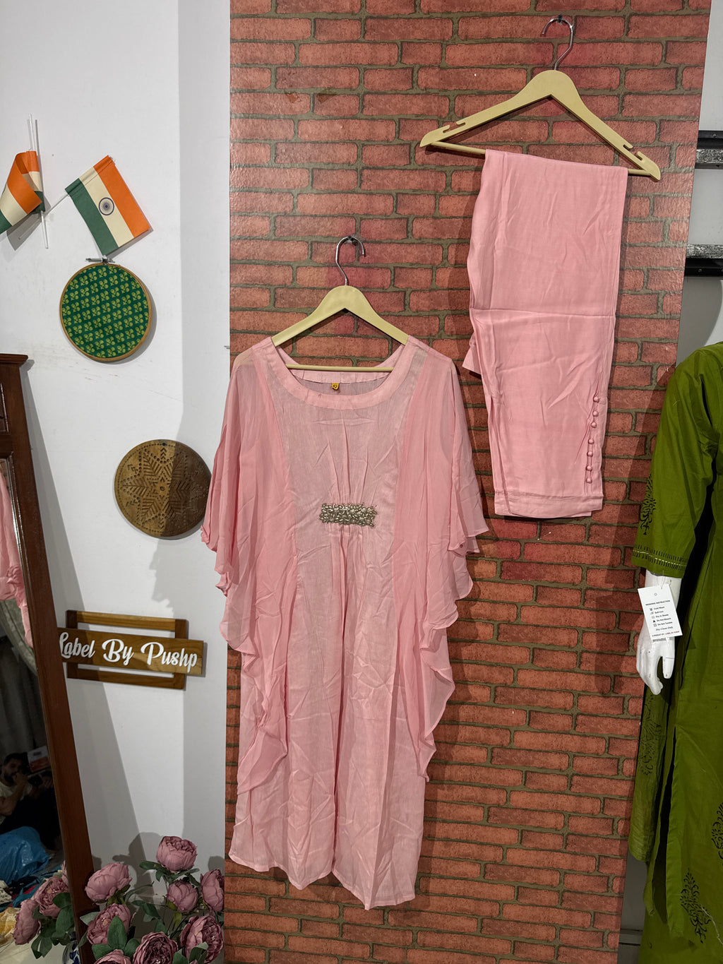 Pink Kaftan Set | Chinon| Hand Embroidered| Partywear