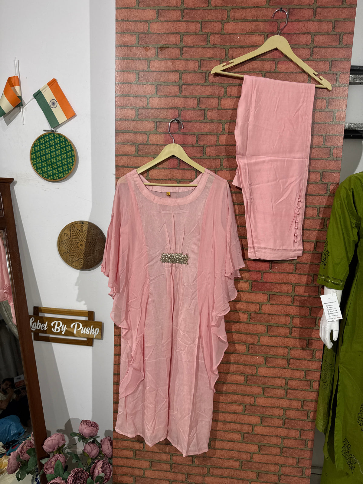 Pink Kaftan Set | Chinon| Hand Embroidered| Partywear