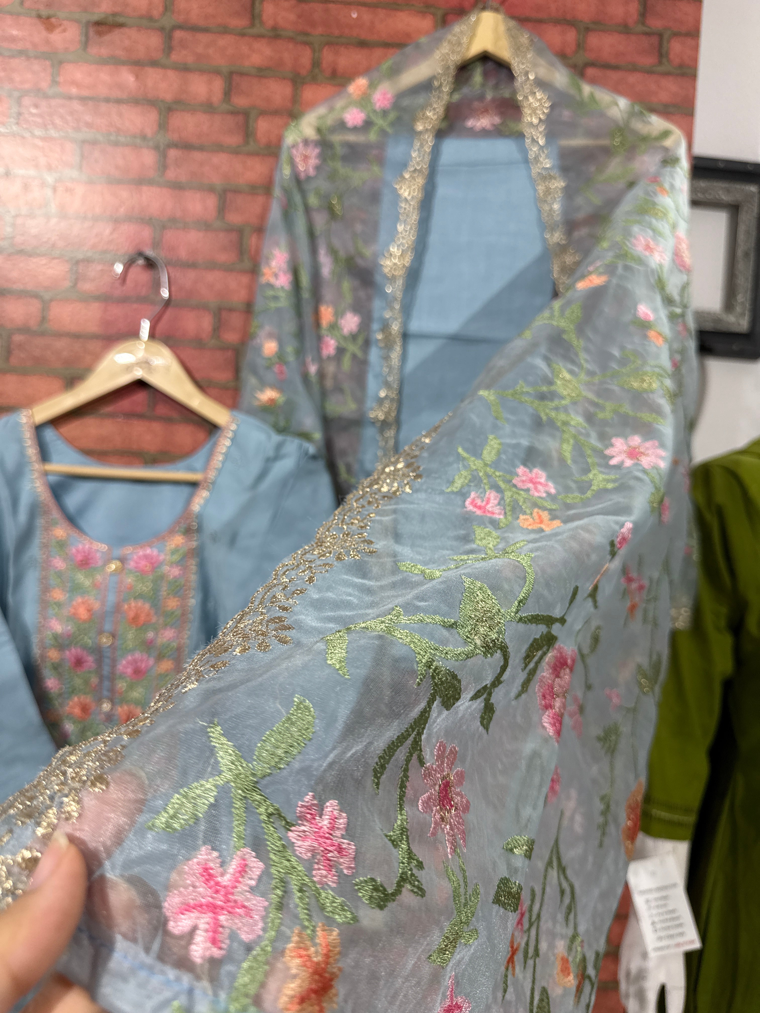 Aqua Suit Set | Silk cotton  | With lining| Embroidered|