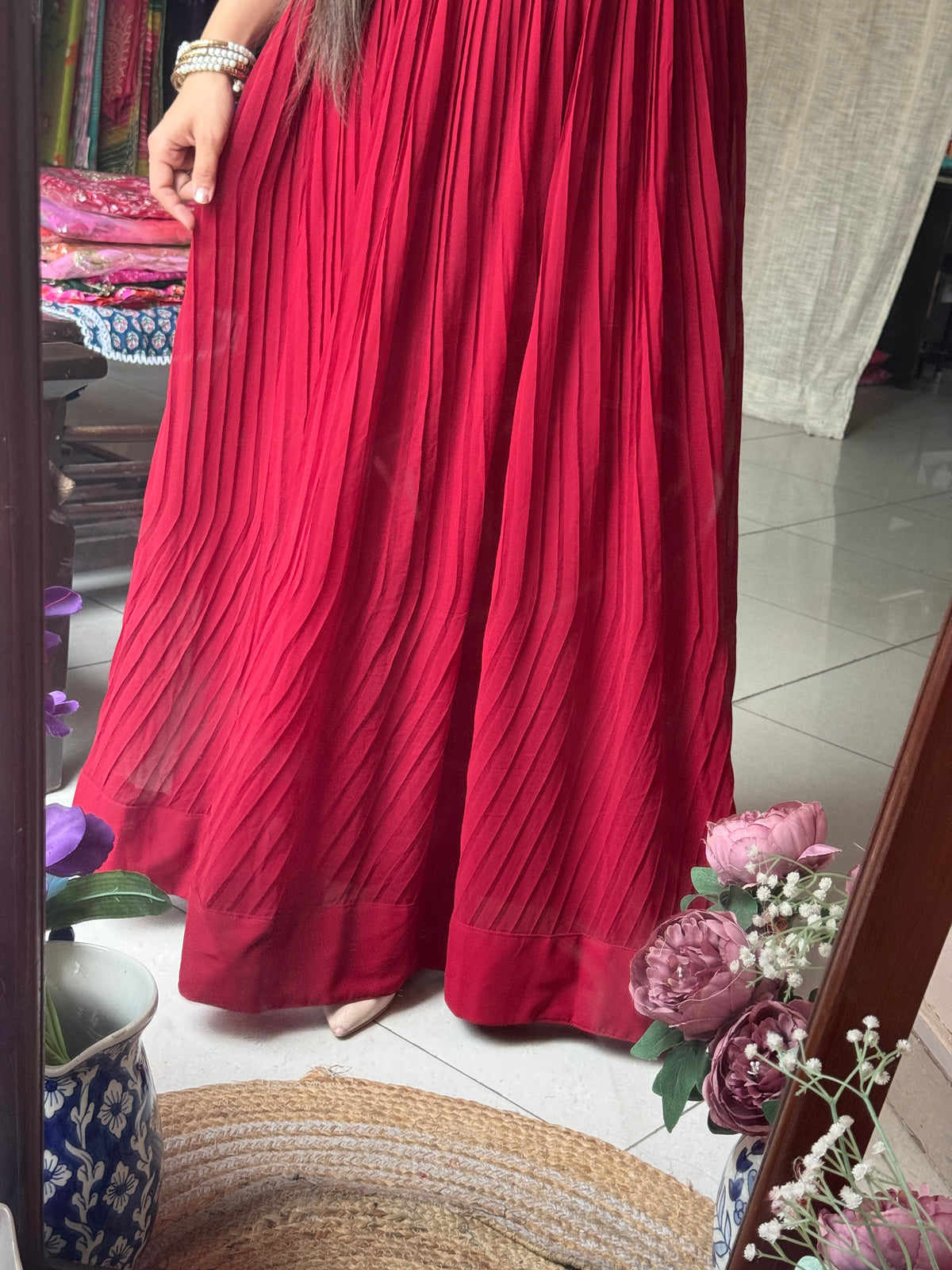 Red Partywear Hand embroidered Dress| Extra sleeves| Comes with hand embroidered belt| Duppata for styling| Rakhi Special