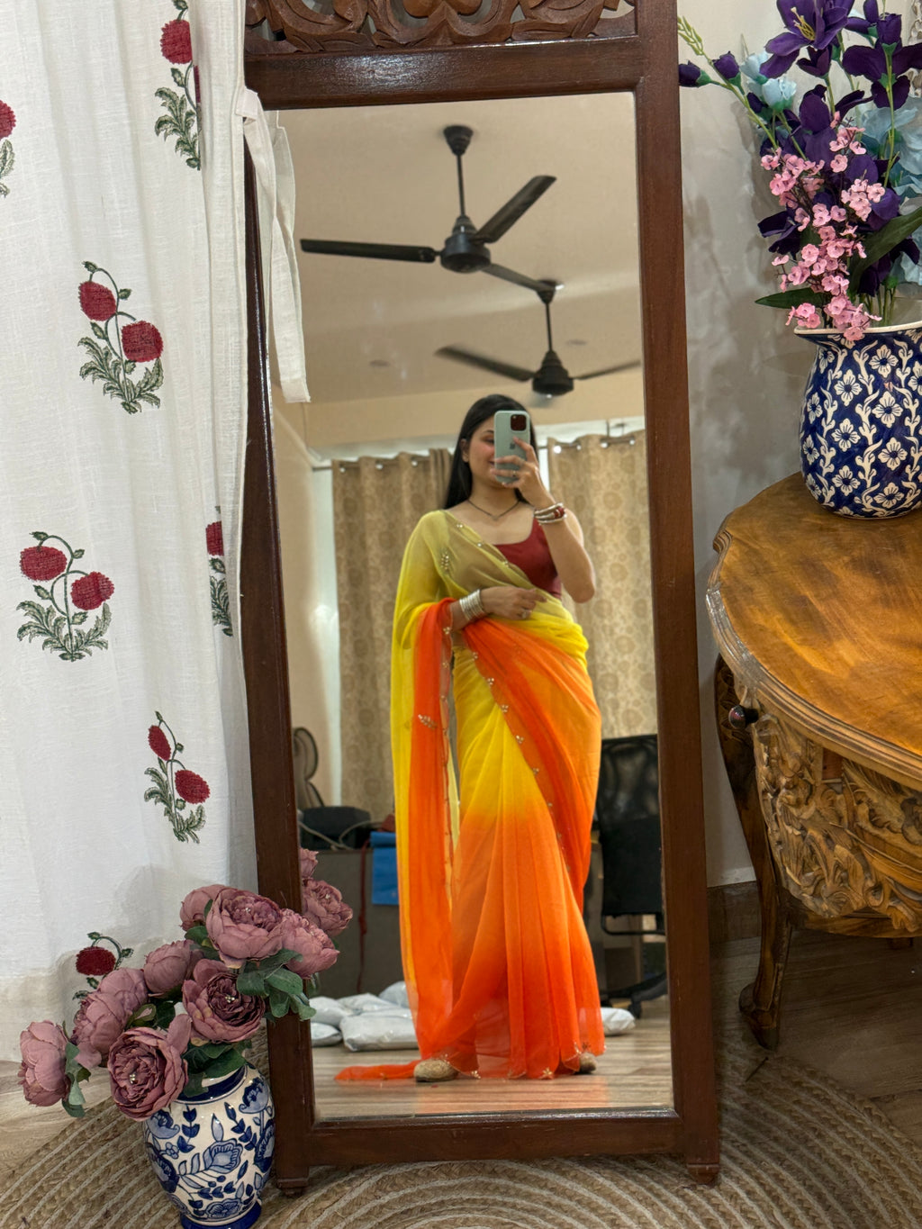 Floral Pure Georgette Handblock Digital Printed Saree| Handwork cutdana detailing| Without blouse