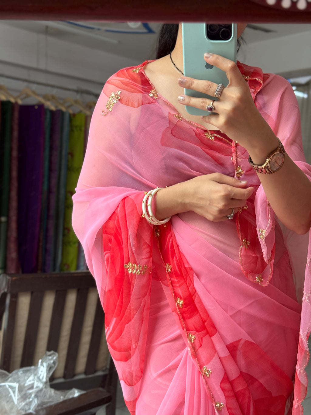 Pink Pure Georgette Handblock Digital Printed Saree| Handwork cutdana detailing| Without blouse
