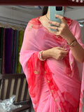 Pink Pure Georgette Handblock Digital Printed Saree| Handwork cutdana detailing| Without blouse