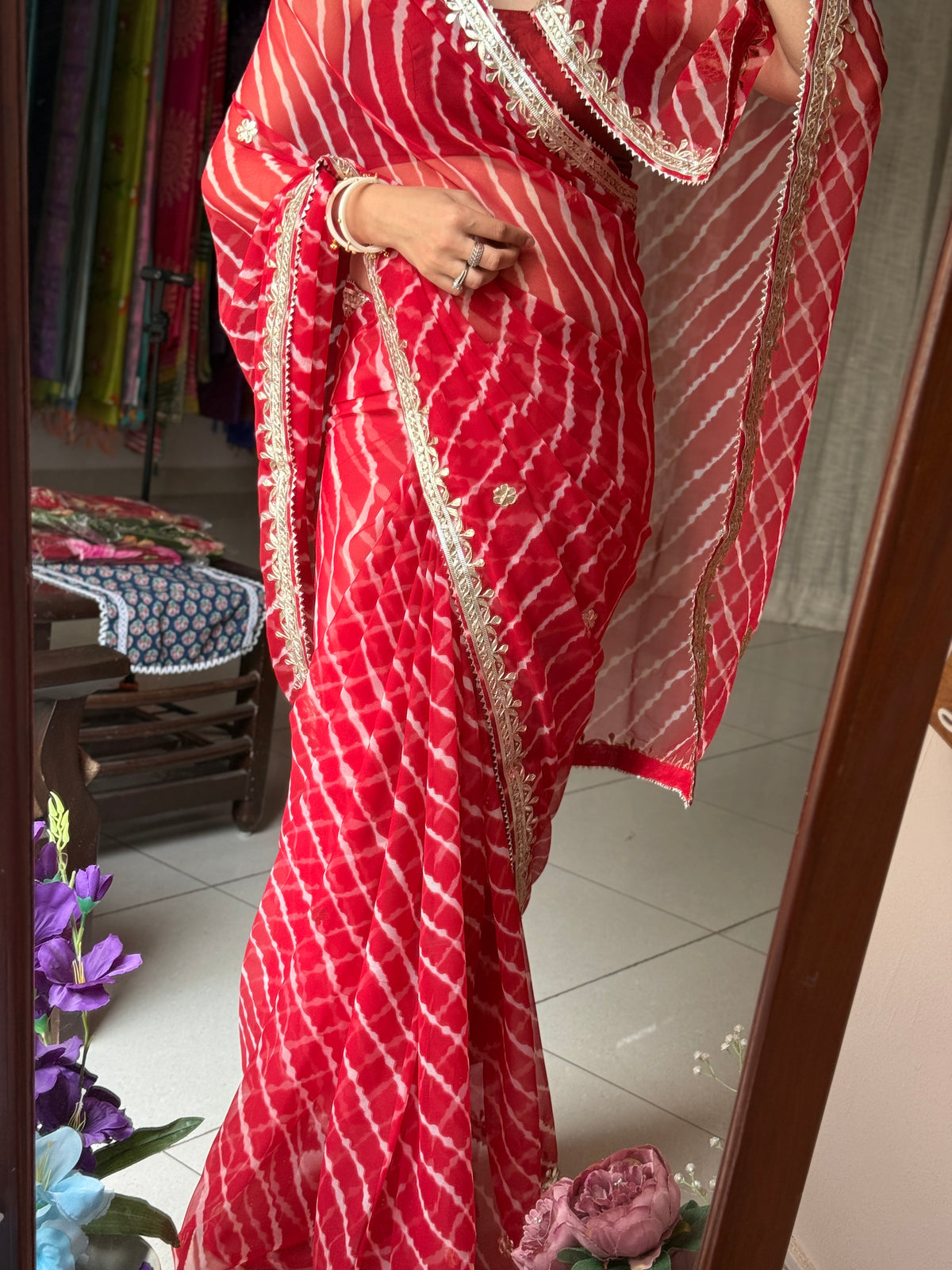 Red Chiffon Leheriya Saree|  Handwork Gota patti work| With blouse