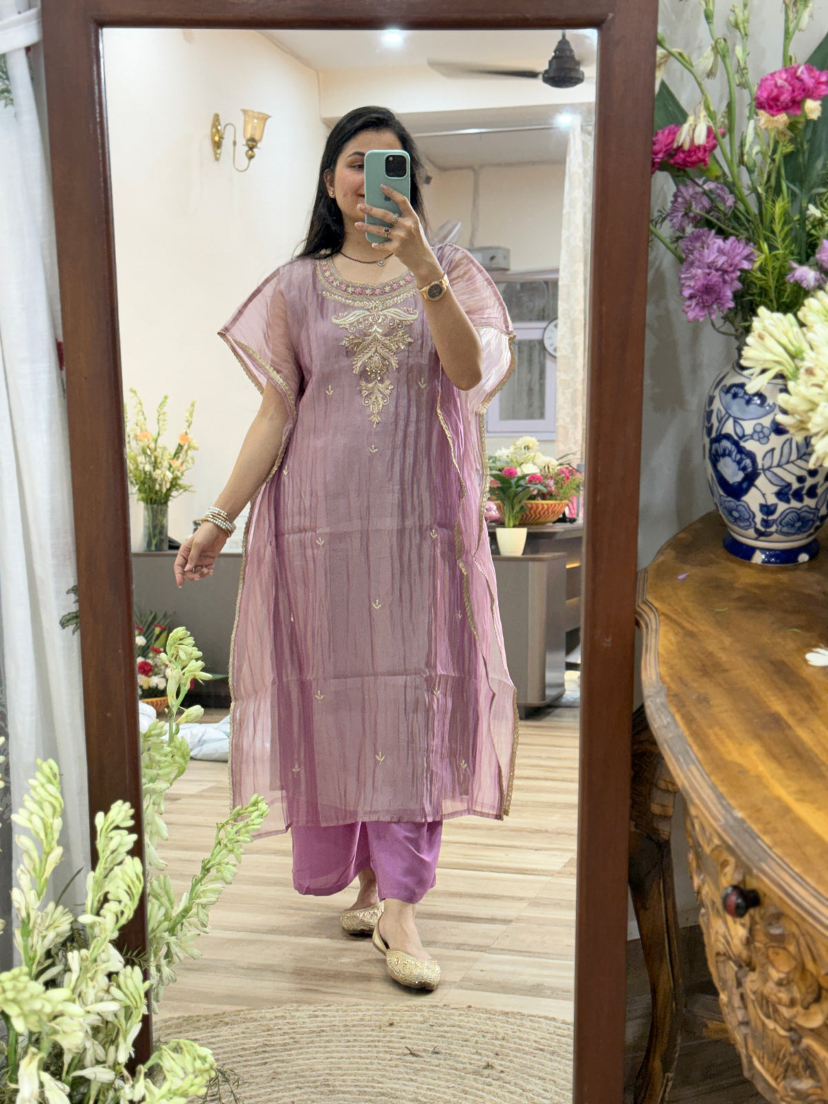 Designer Partywear Crushed Tissue Kaftan suit | With inner| Hand Embroidered