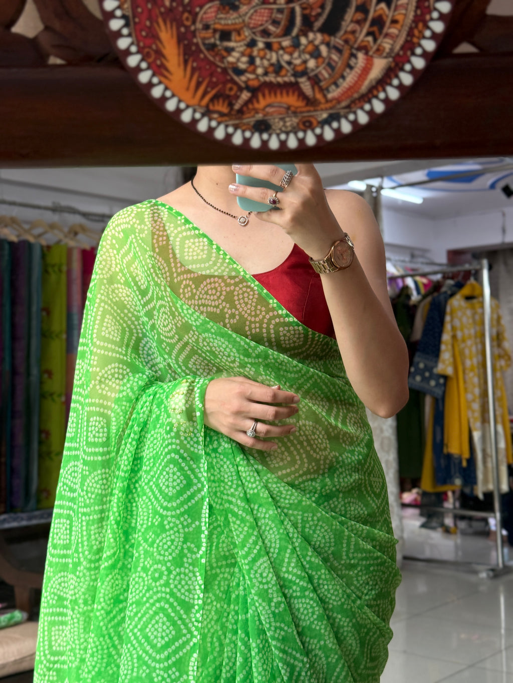 Green Georgette Bandhani Saree|without blouse| Budget Friendly