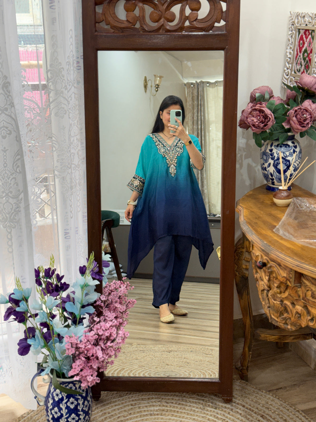 Peacock blue suit | With cotton lining| Embroidered| Stylish neckline