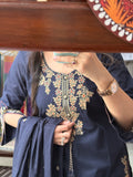 Blue Designer Cotton Suit Set with Embroidered Neckline & Designer sleeves and bottom with mul cotton embroidered Dupatta