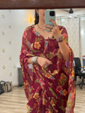 Wine |Pure Georgette Digital Printed Saree| Handwork cutdana detailing| Without blouse