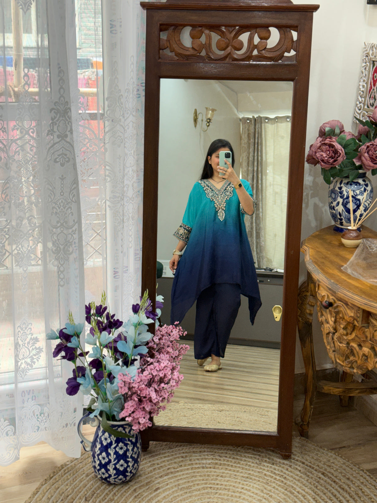 Peacock blue suit | With cotton lining| Embroidered| Stylish neckline